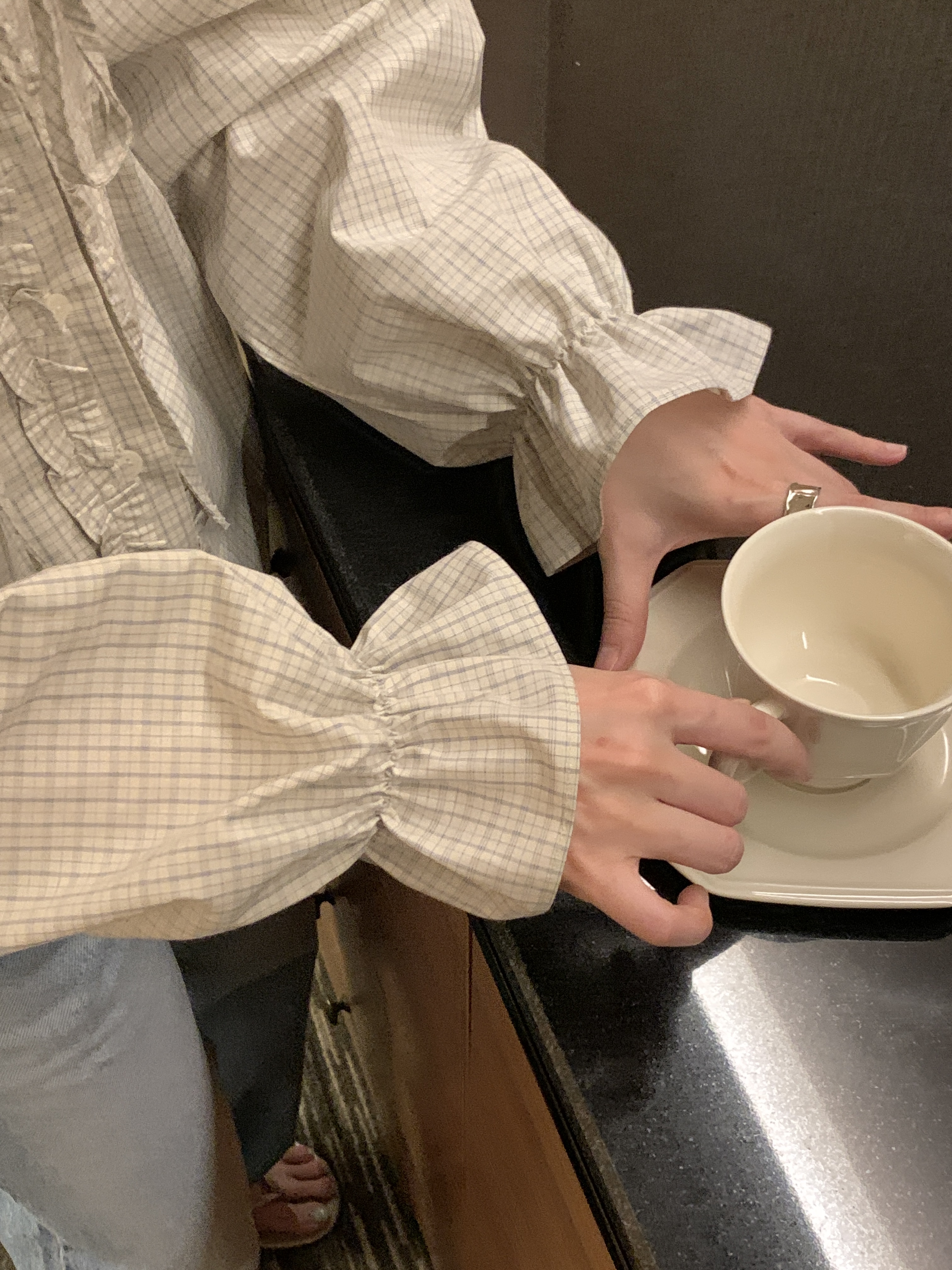 コットンリボンボタンフリル長袖チェックブラウス | 詳細画像12