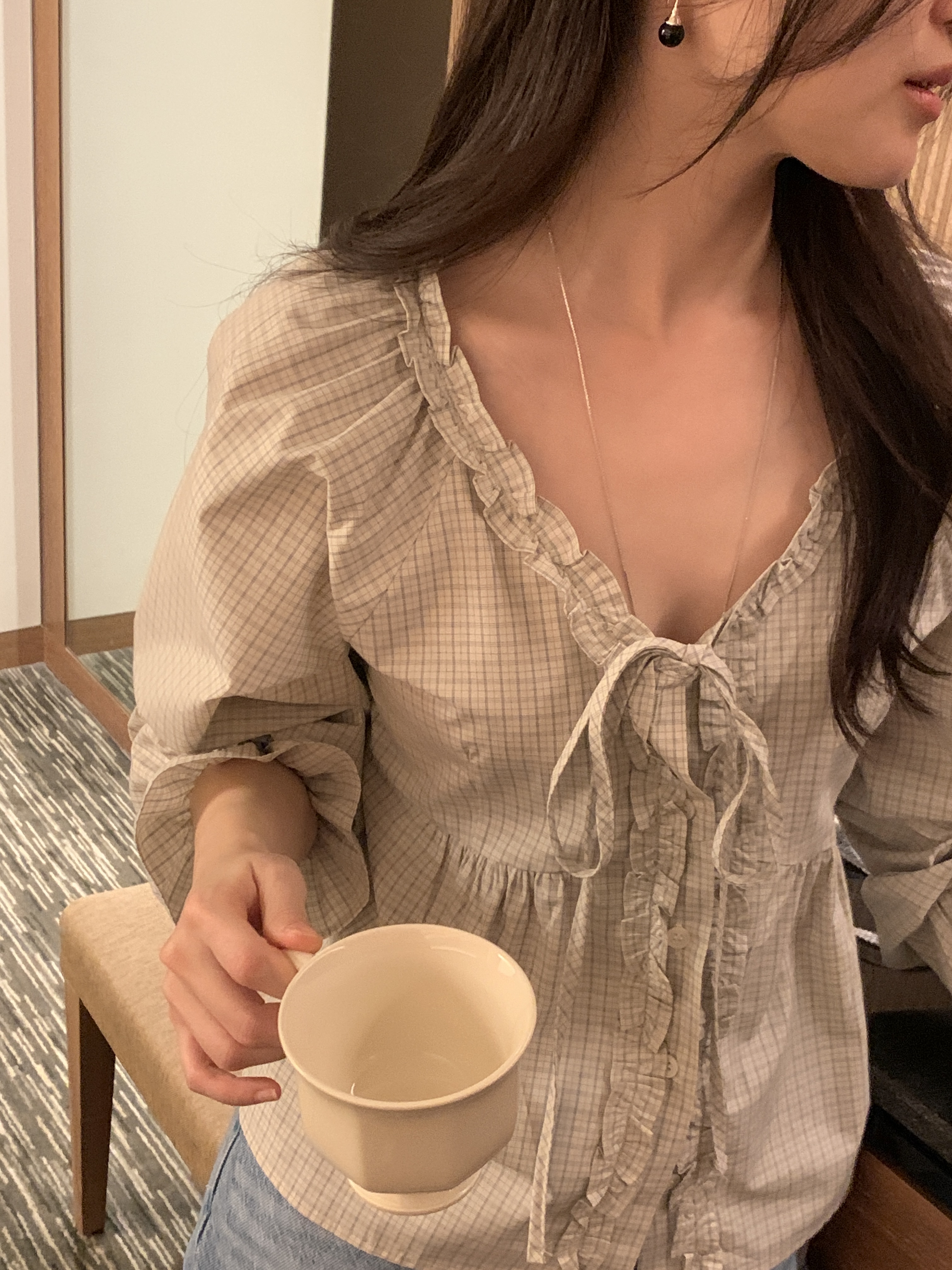 コットンリボンボタンフリル長袖チェックブラウス | 詳細画像13