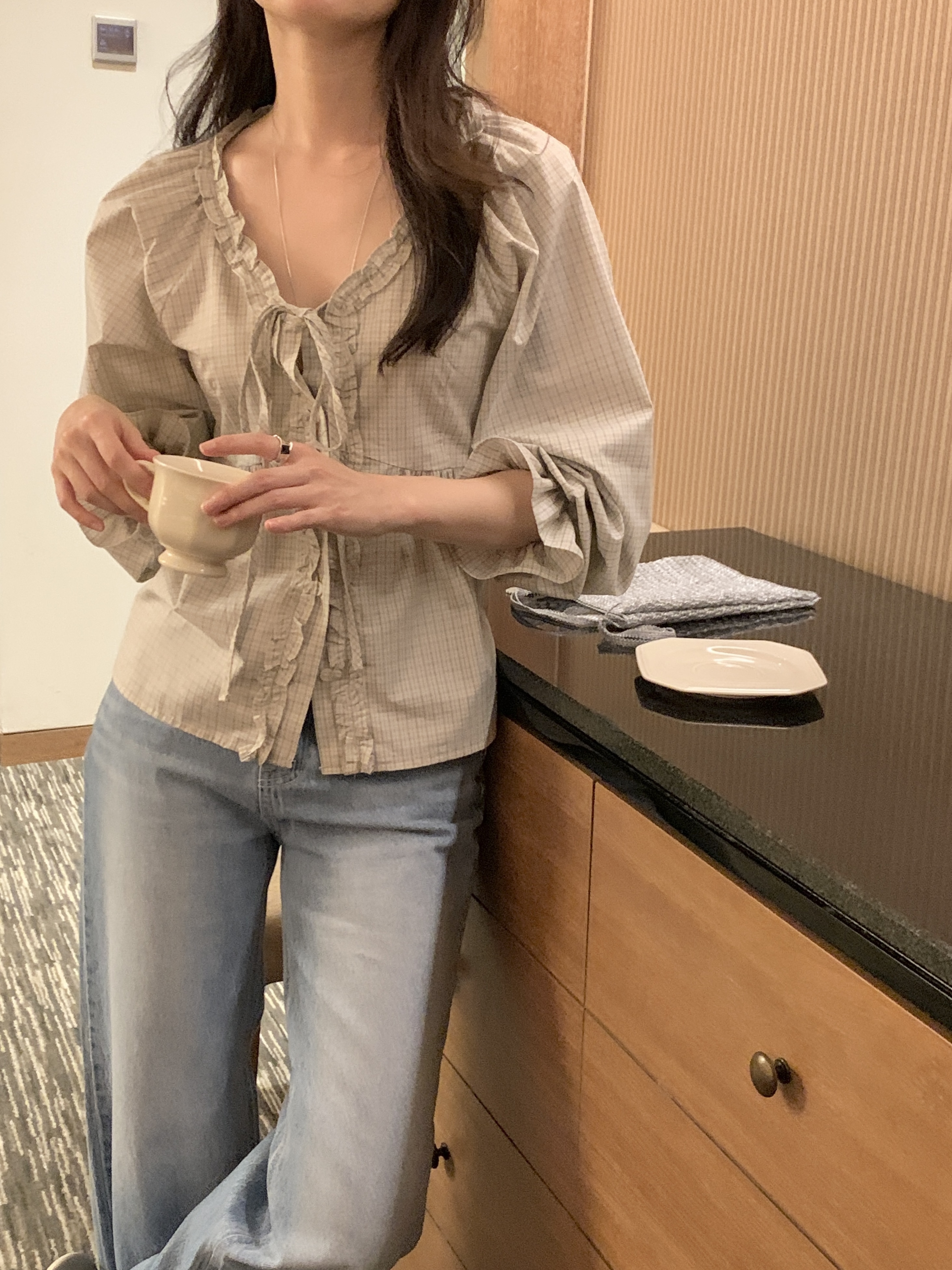 コットンリボンボタンフリル長袖チェックブラウス | 詳細画像14