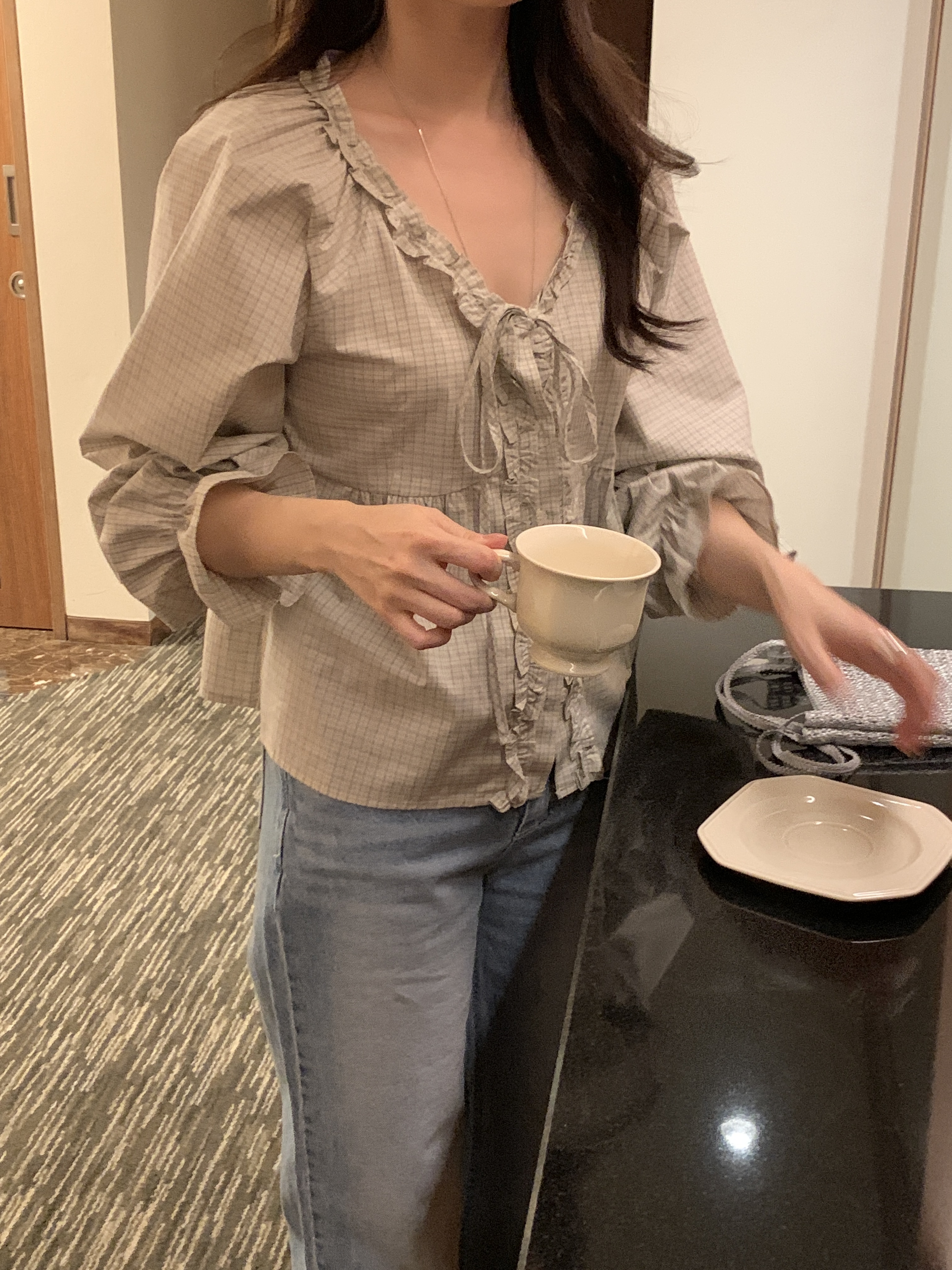 コットンリボンボタンフリル長袖チェックブラウス | 詳細画像15