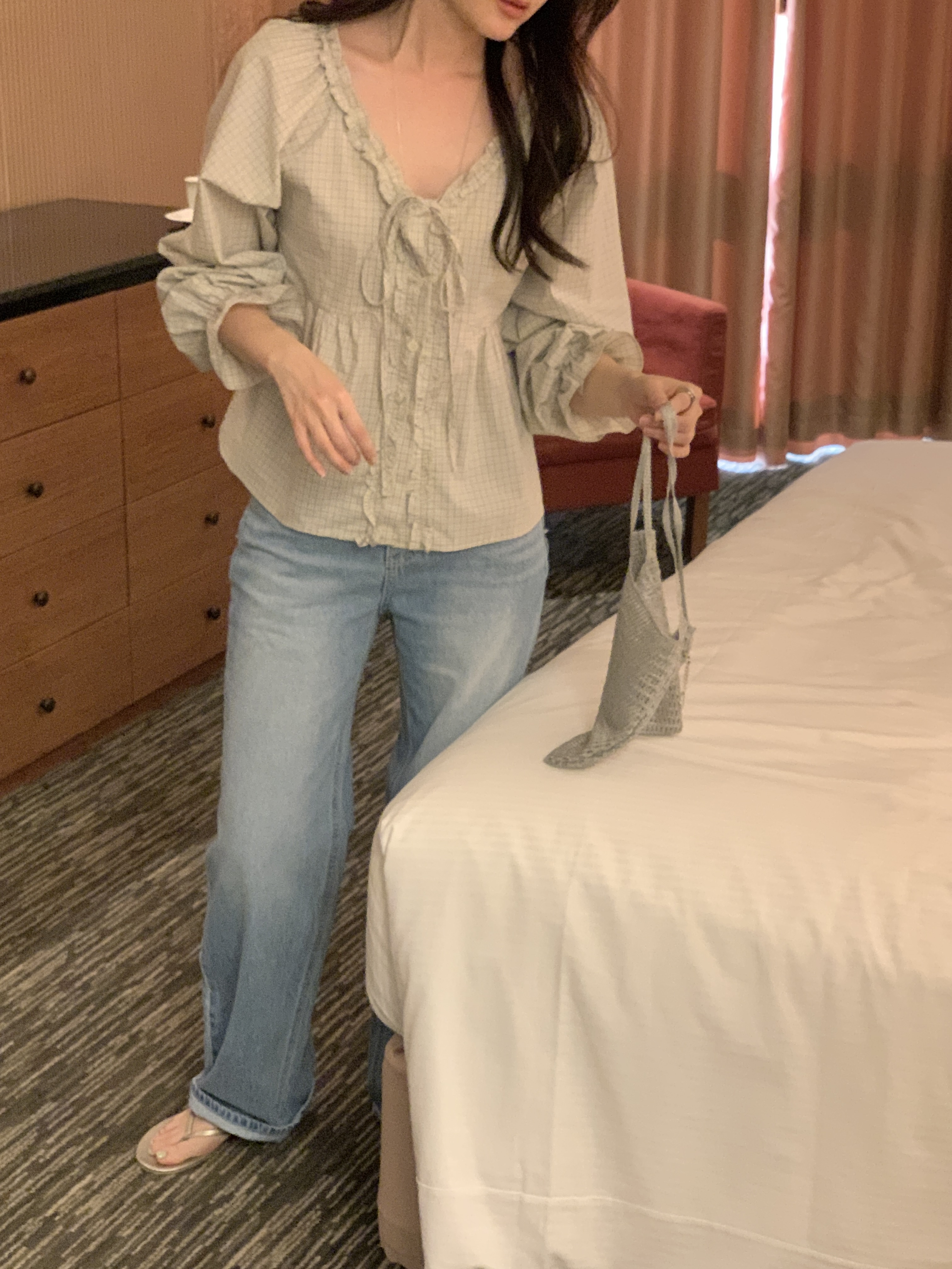 コットンリボンボタンフリル長袖チェックブラウス | 詳細画像16