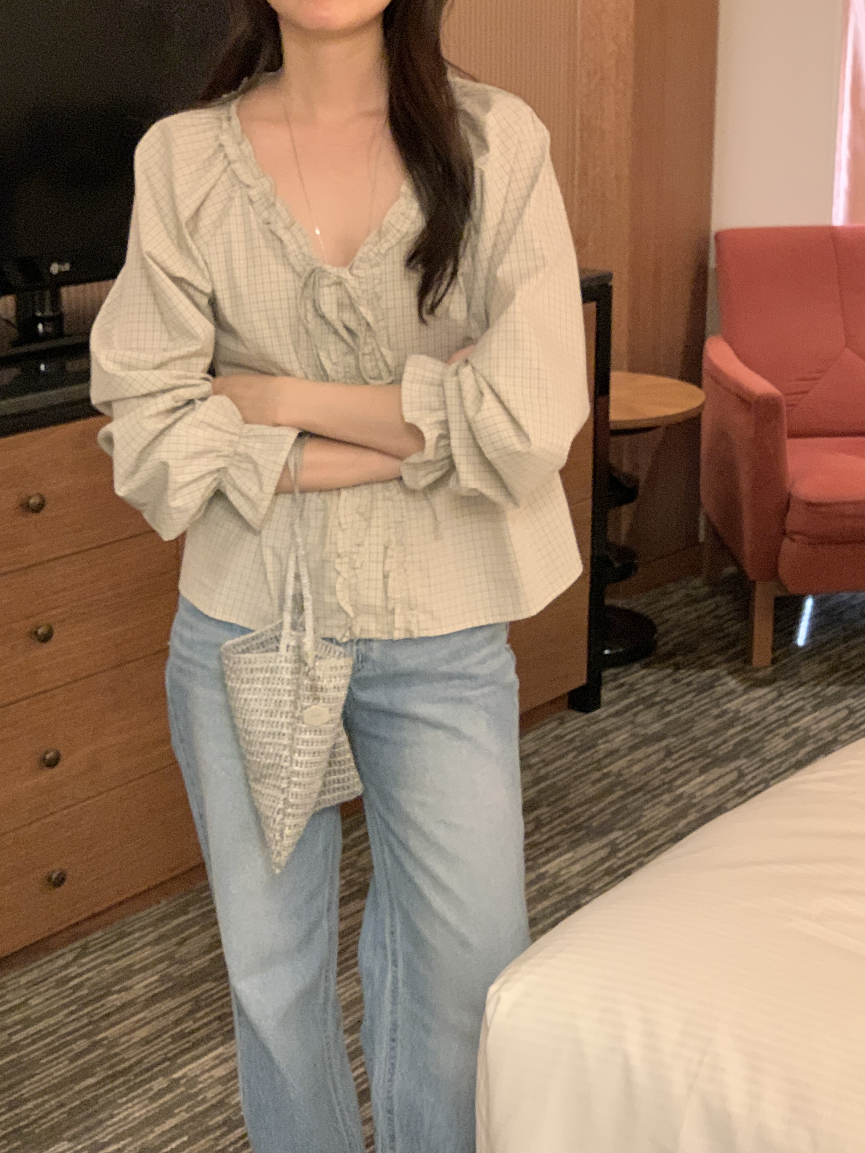 コットンリボンボタンフリル長袖チェックブラウス | 詳細画像17