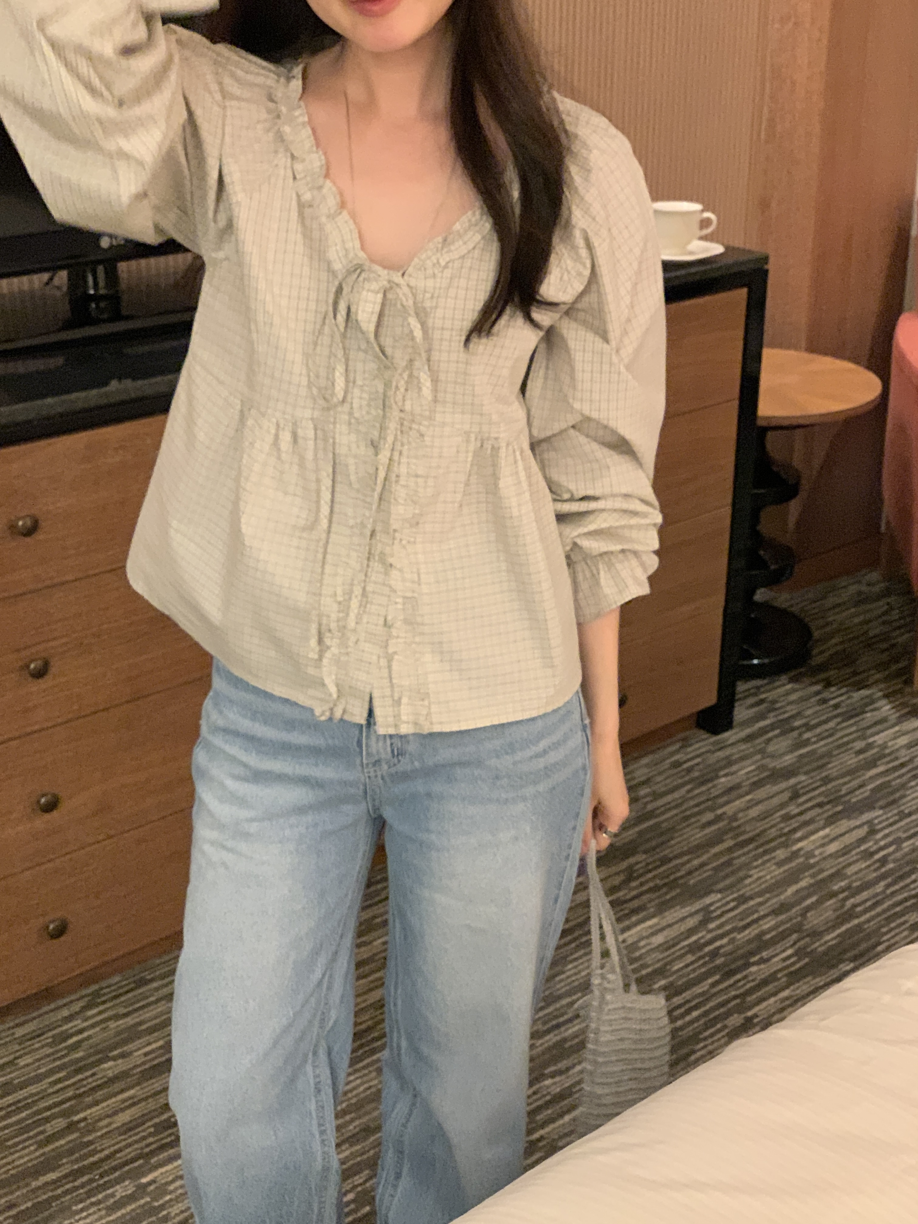 コットンリボンボタンフリル長袖チェックブラウス | 詳細画像18