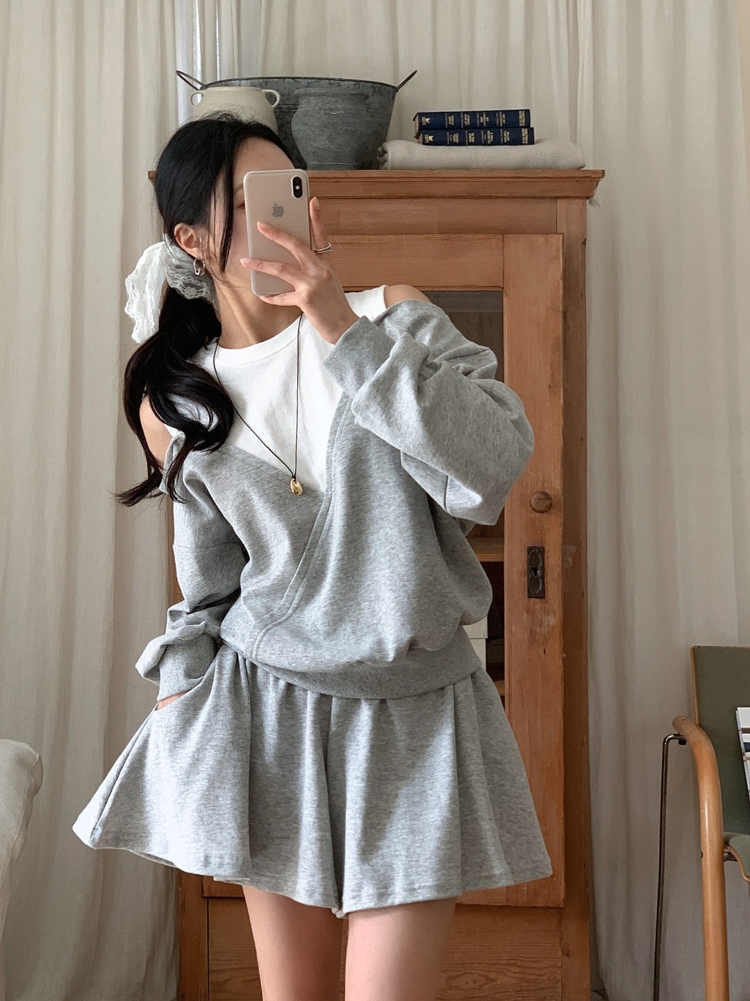 ポケットウエストゴムショートオープンショルダー長袖ダイアゴナル配色セットアップ | 詳細画像5