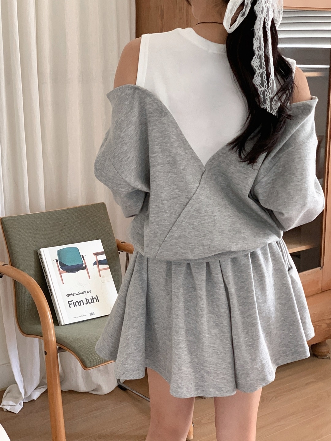 ポケットウエストゴムショートオープンショルダー長袖ダイアゴナル配色セットアップ | 詳細画像6