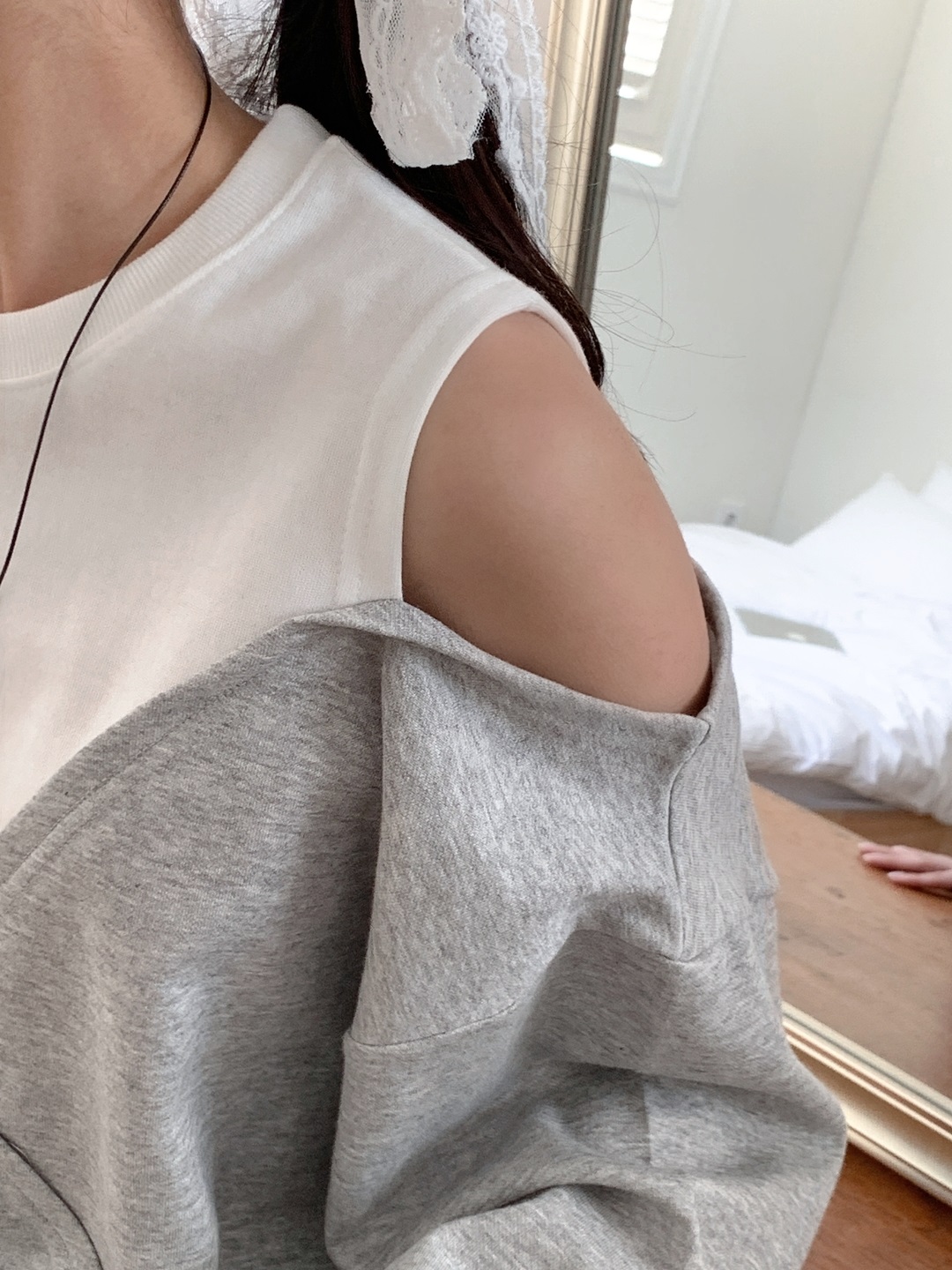 ポケットウエストゴムショートオープンショルダー長袖ダイアゴナル配色セットアップ | 詳細画像7