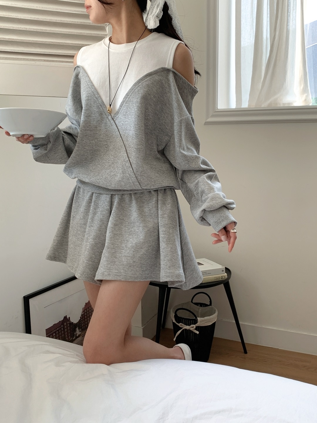 ポケットウエストゴムショートオープンショルダー長袖ダイアゴナル配色セットアップ | 詳細画像10