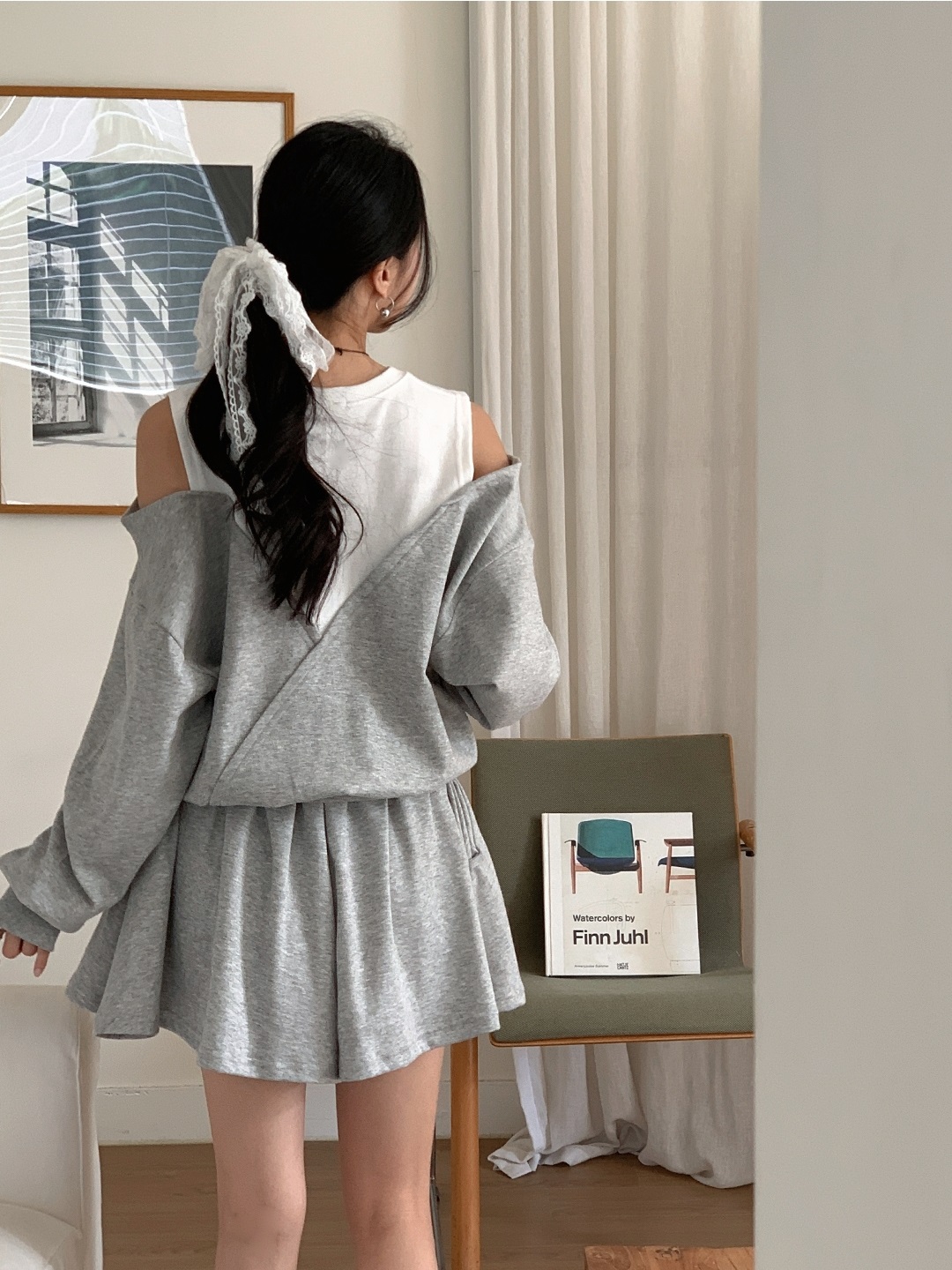 ポケットウエストゴムショートオープンショルダー長袖ダイアゴナル配色セットアップ | 詳細画像12