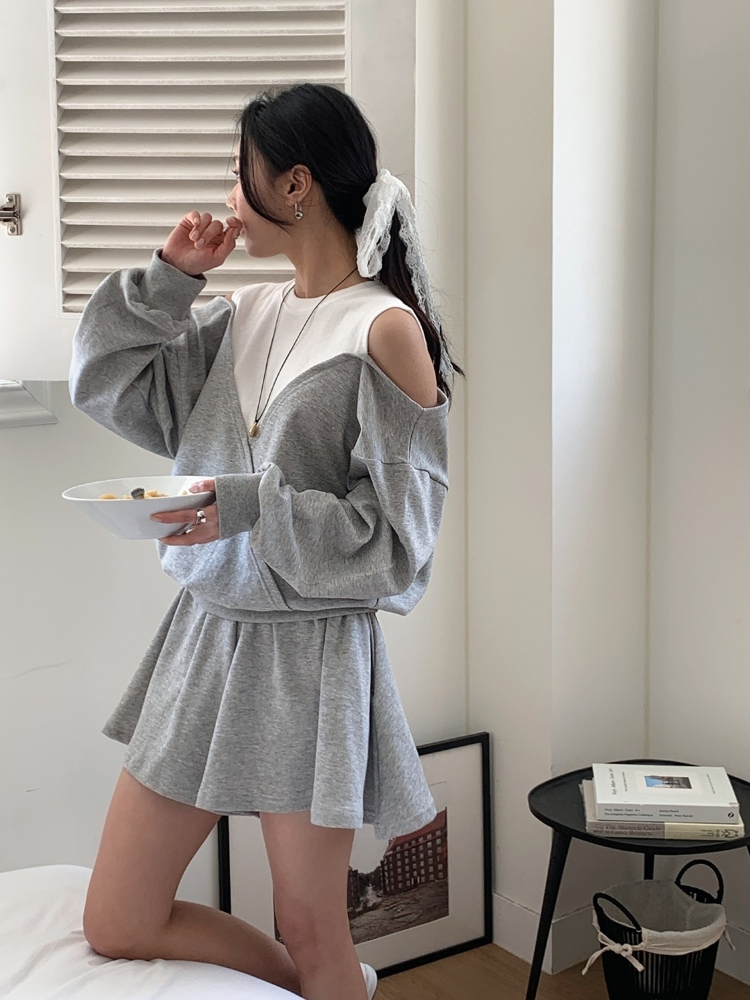 ポケットウエストゴムショートオープンショルダー長袖ダイアゴナル配色セットアップ | 詳細画像11