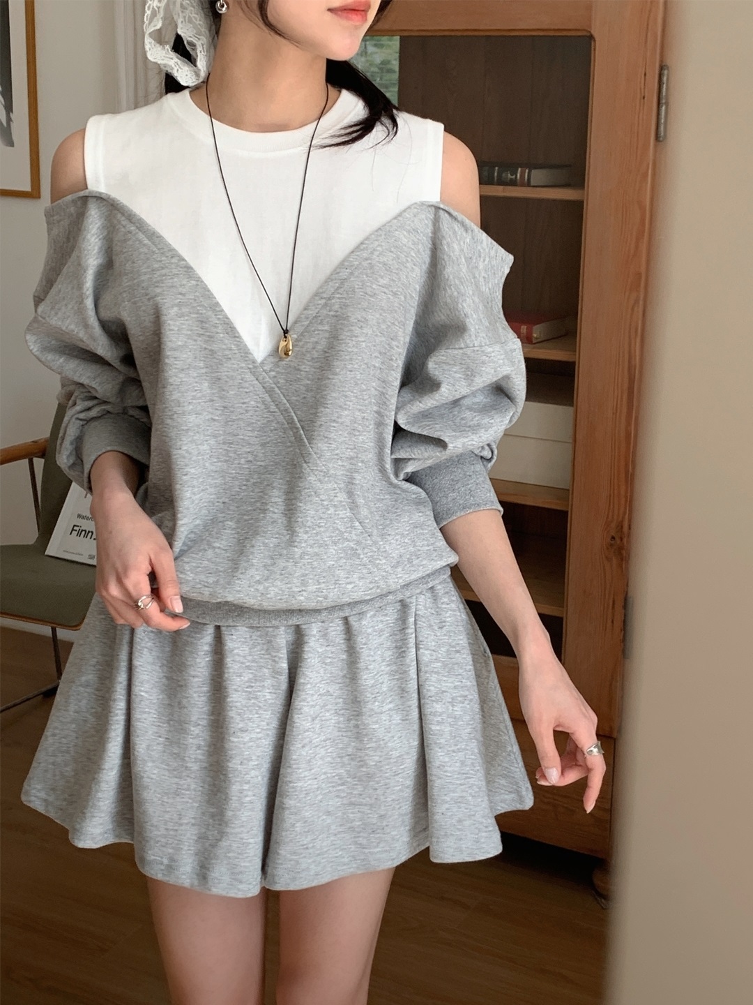 ポケットウエストゴムショートオープンショルダー長袖ダイアゴナル配色セットアップ | 詳細画像3