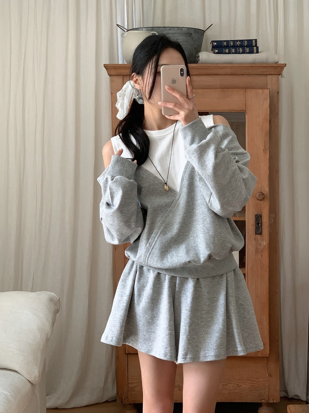 ポケットウエストゴムショートオープンショルダー長袖ダイアゴナル配色セットアップ | 詳細画像17