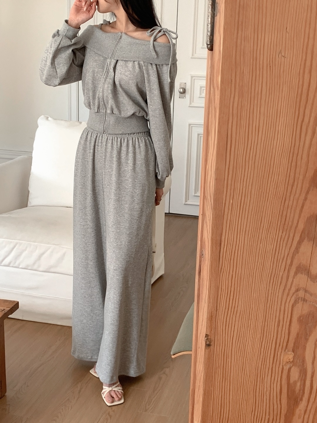 リボンジップアップオフショルダーウエストゴムクロップド長袖ワイドセットアップ | 詳細画像2