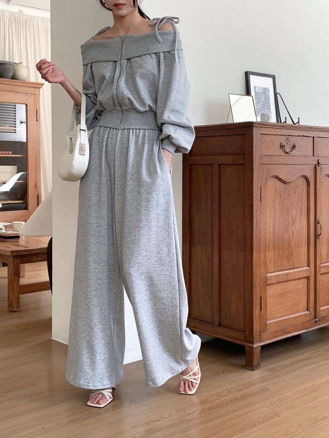 リボンジップアップオフショルダーウエストゴムクロップド長袖ワイドセットアップ | 詳細画像5