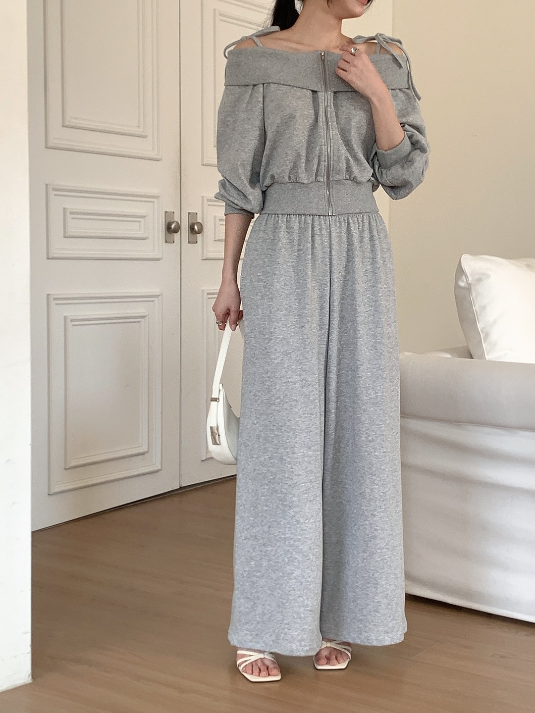 リボンジップアップオフショルダーウエストゴムクロップド長袖ワイドセットアップ | 詳細画像6