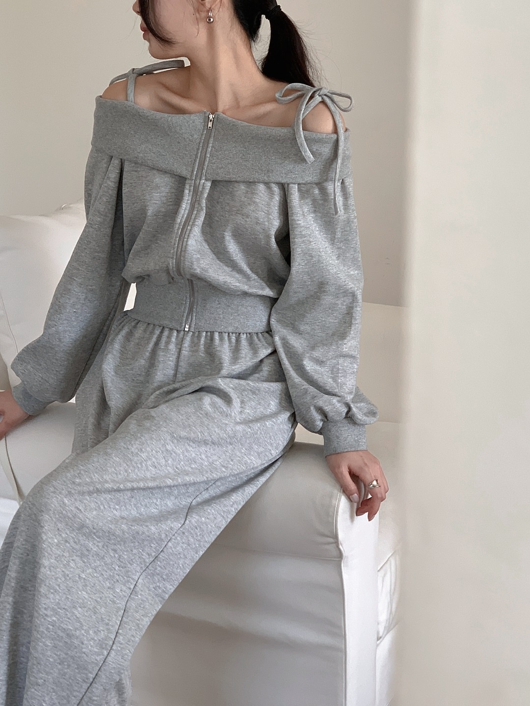 リボンジップアップオフショルダーウエストゴムクロップド長袖ワイドセットアップ | 詳細画像7