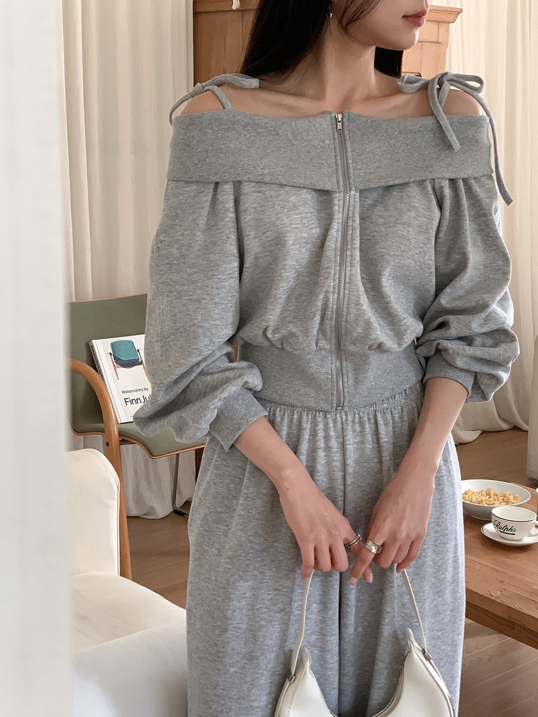 リボンジップアップオフショルダーウエストゴムクロップド長袖ワイドセットアップ | 詳細画像8