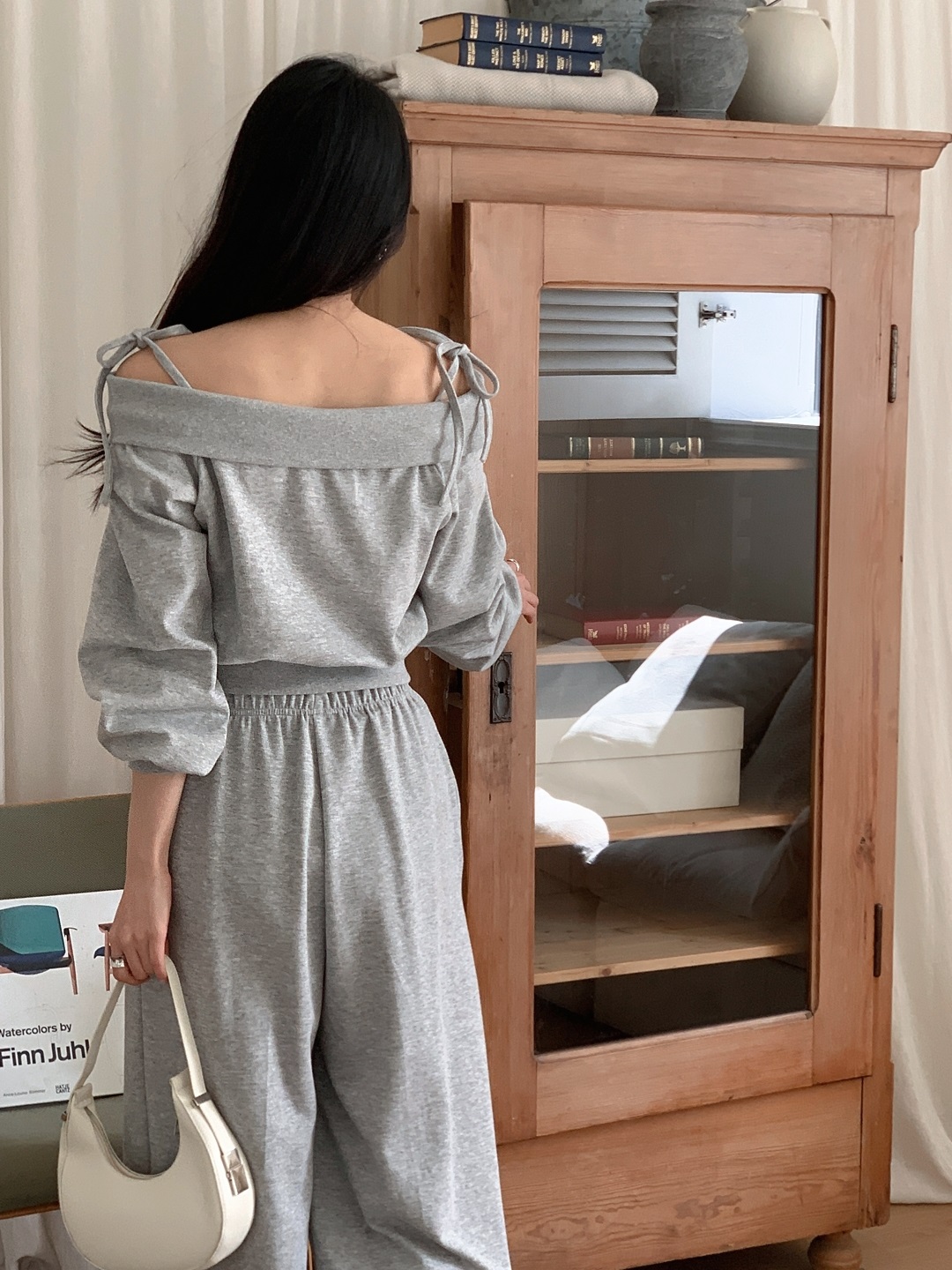 リボンジップアップオフショルダーウエストゴムクロップド長袖ワイドセットアップ | 詳細画像9