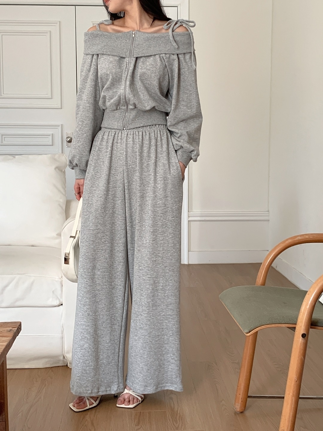 リボンジップアップオフショルダーウエストゴムクロップド長袖ワイドセットアップ | 詳細画像11