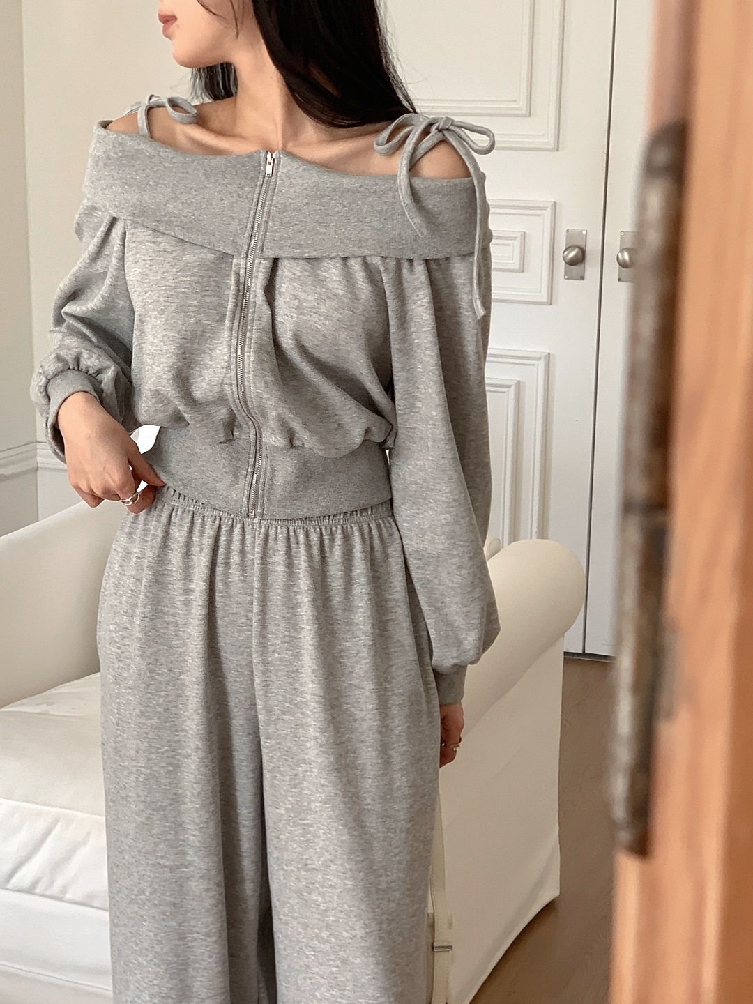 リボンジップアップオフショルダーウエストゴムクロップド長袖ワイドセットアップ | 詳細画像12