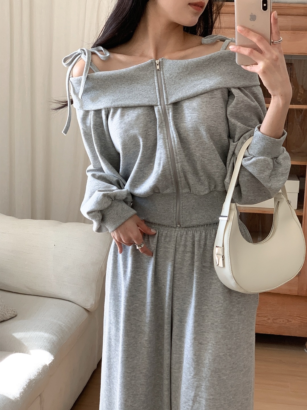 リボンジップアップオフショルダーウエストゴムクロップド長袖ワイドセットアップ | 詳細画像13