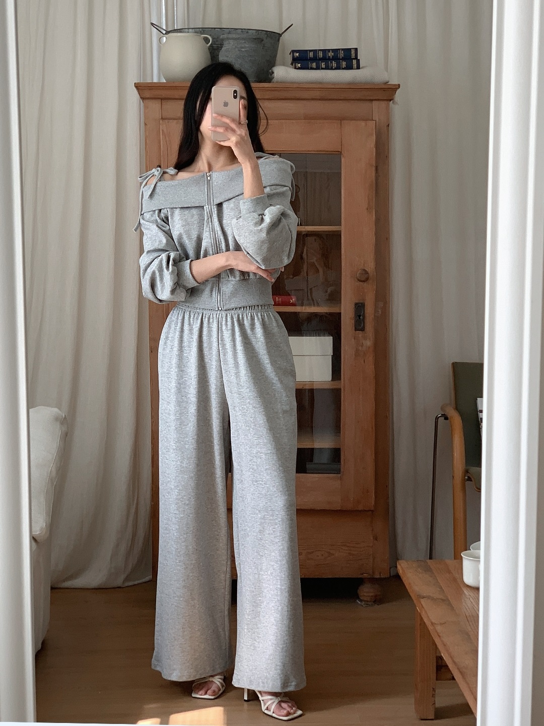 リボンジップアップオフショルダーウエストゴムクロップド長袖ワイドセットアップ | 詳細画像14