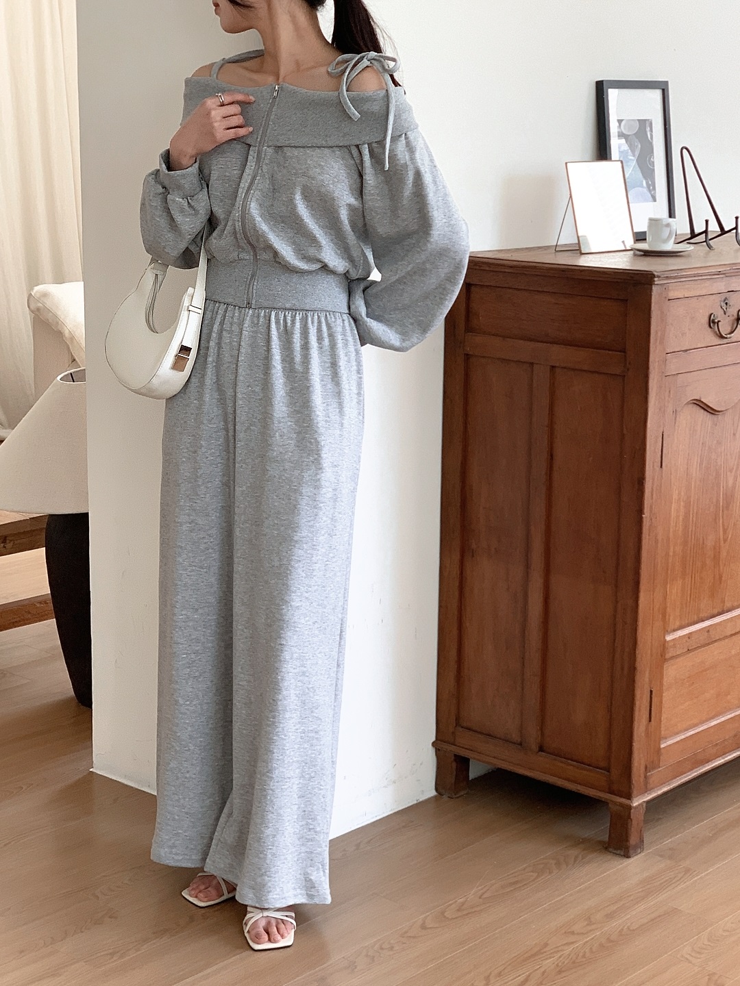 リボンジップアップオフショルダーウエストゴムクロップド長袖ワイドセットアップ | 詳細画像15