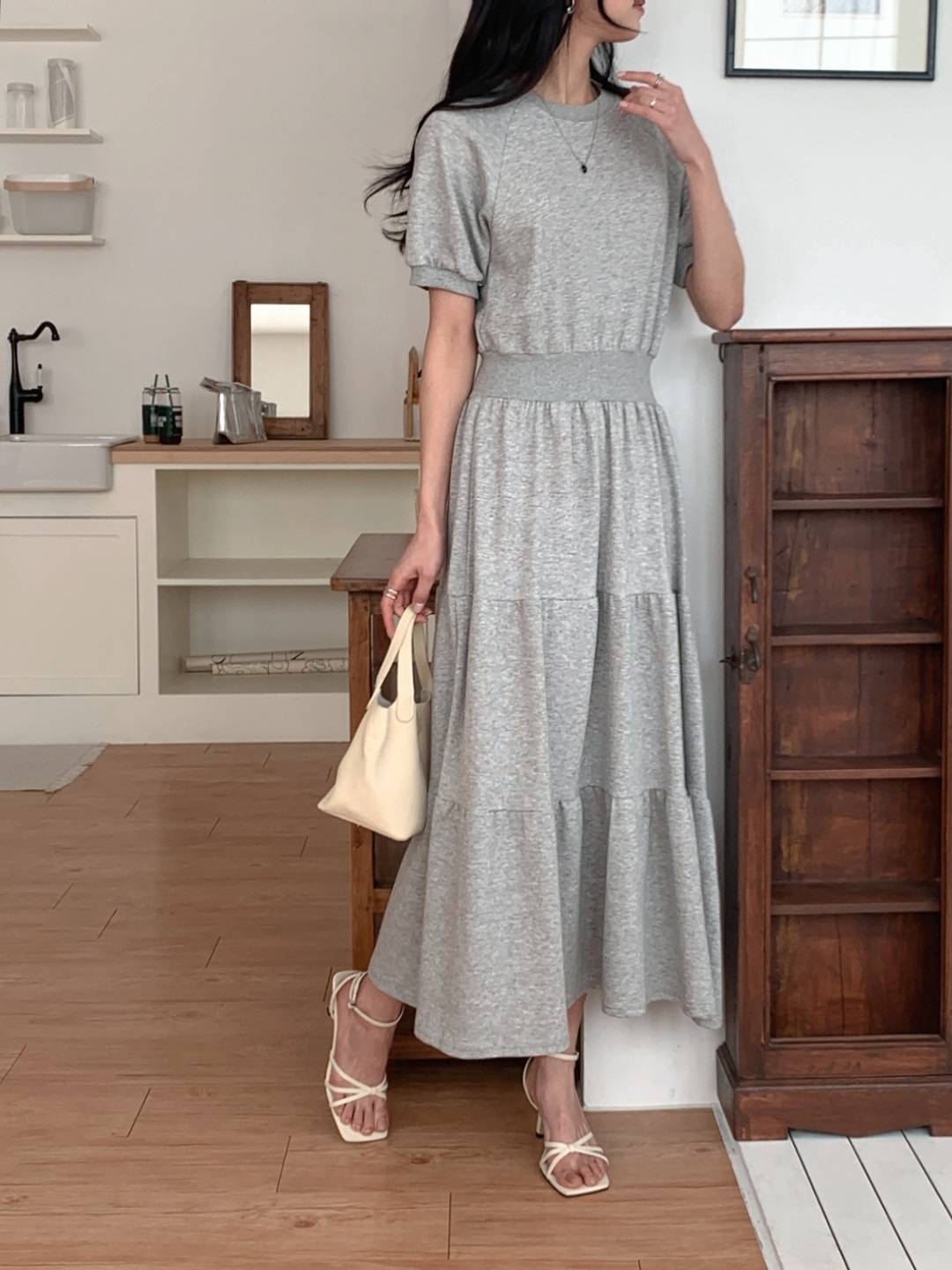 ラウンドネックティアードラグランロング半袖ワンピース | 詳細画像7