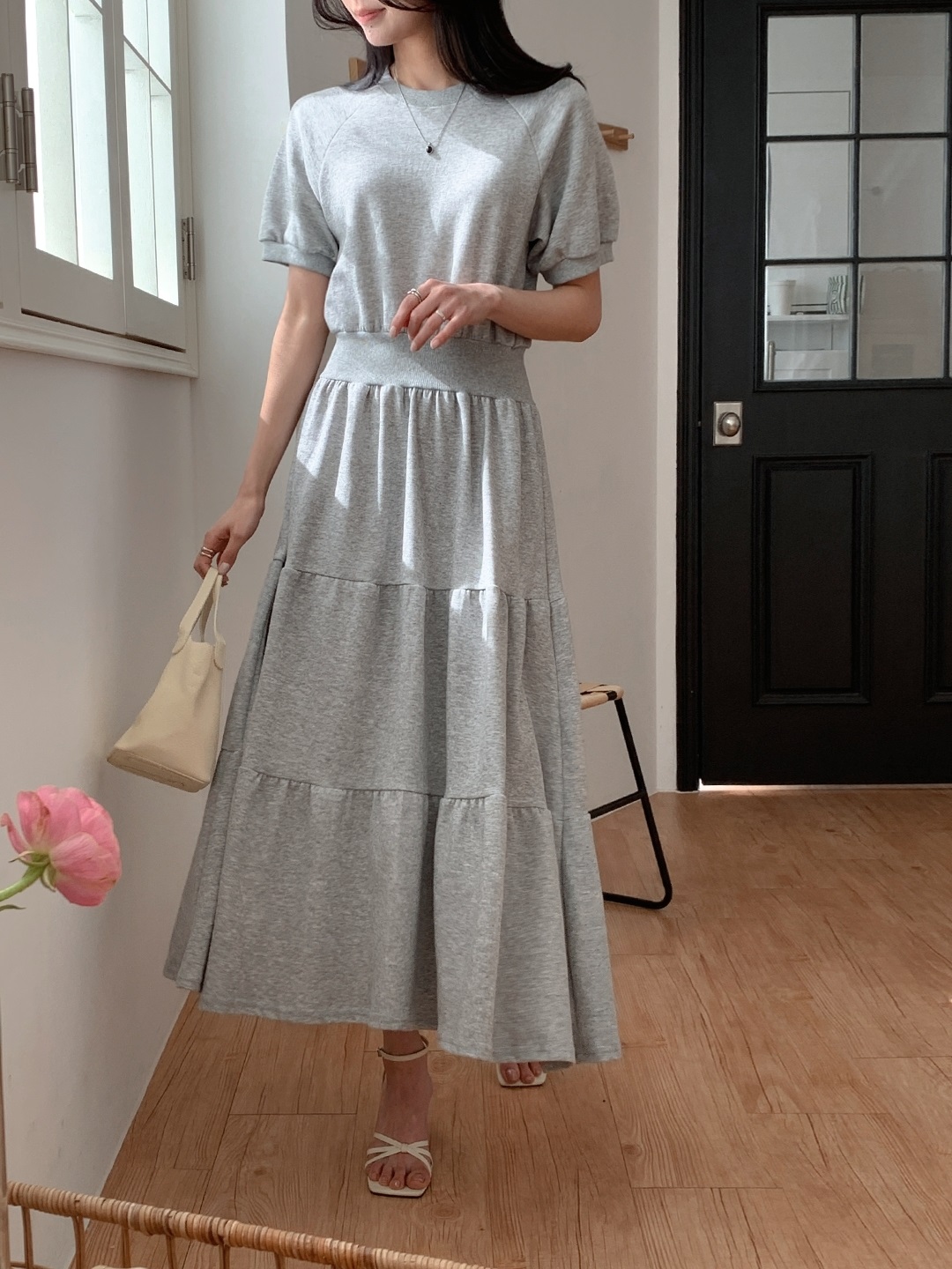 ラウンドネックティアードラグランロング半袖ワンピース | 詳細画像13