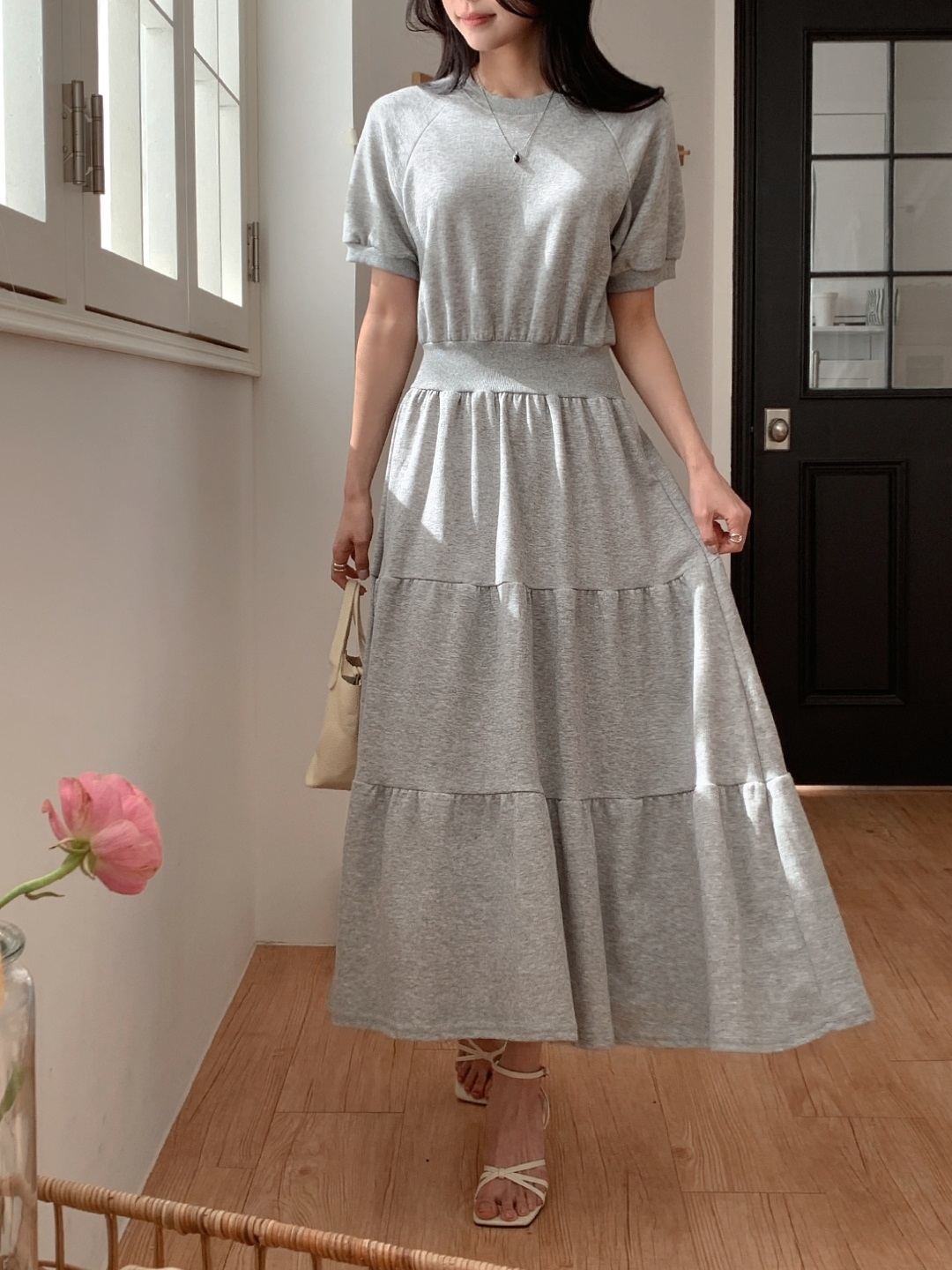 ラウンドネックティアードラグランロング半袖ワンピース | 詳細画像14