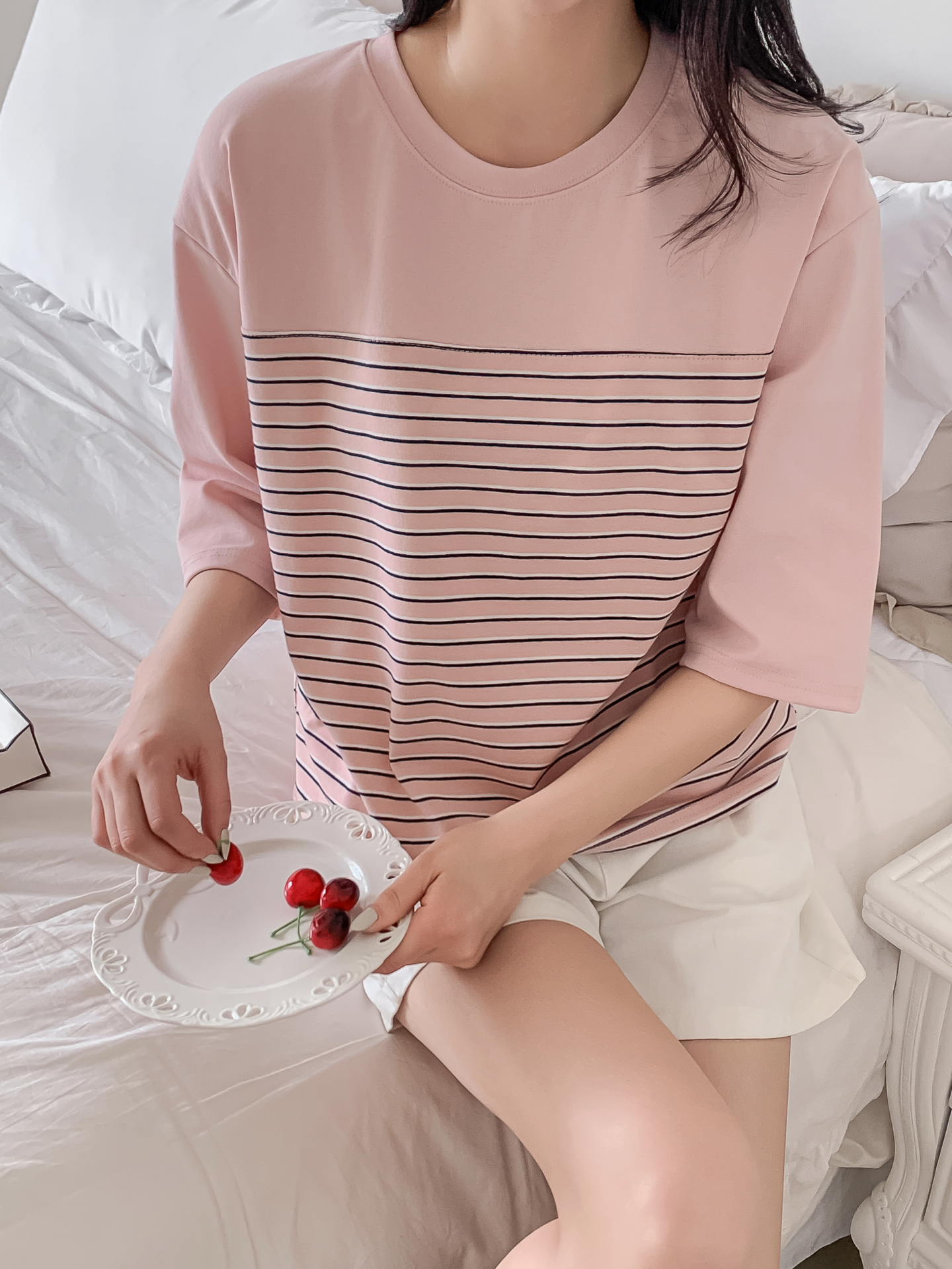 ラウンドネック7分袖ボーダーTシャツ | 詳細画像12