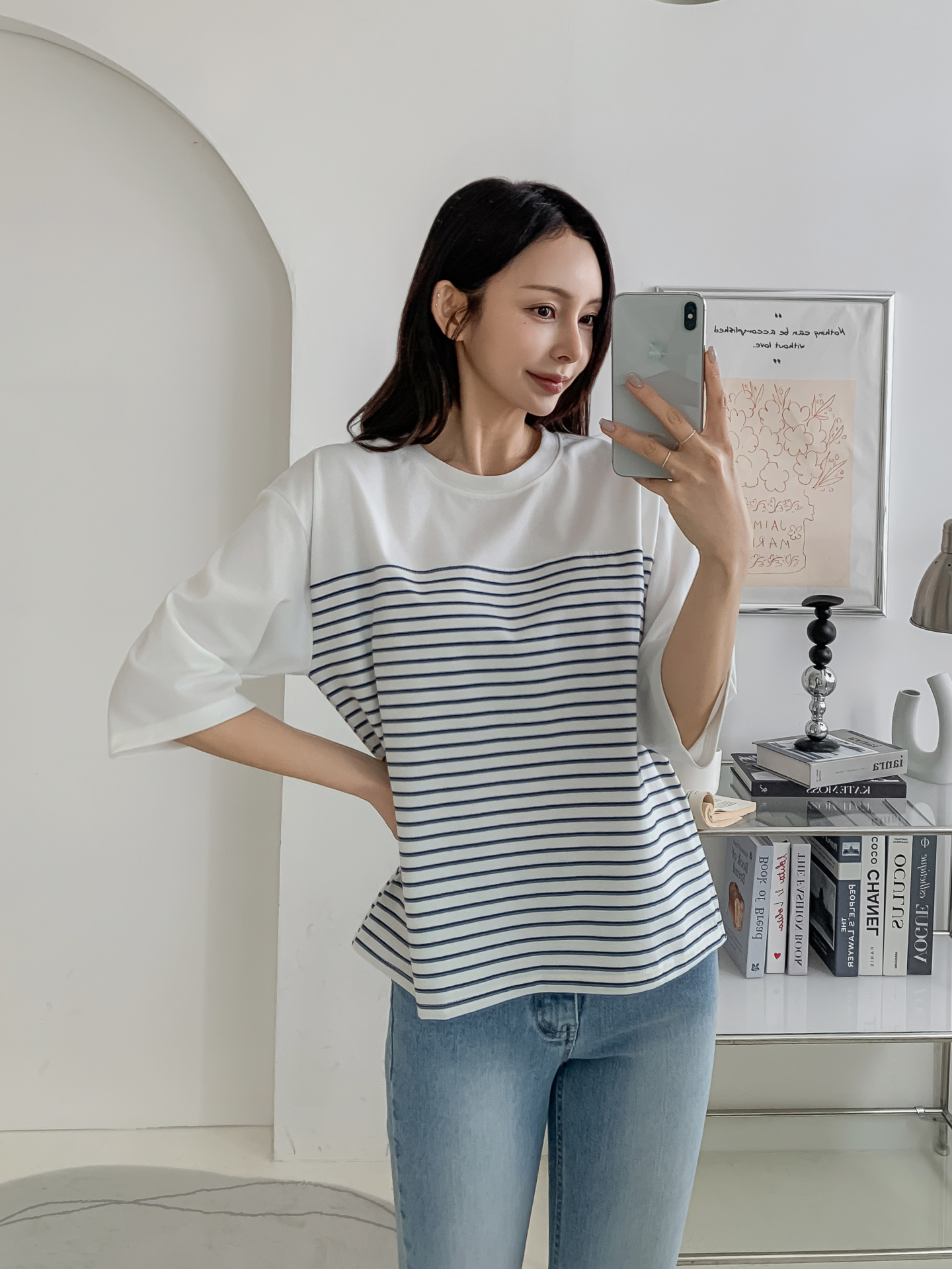 ラウンドネック7分袖ボーダーTシャツ | 詳細画像19