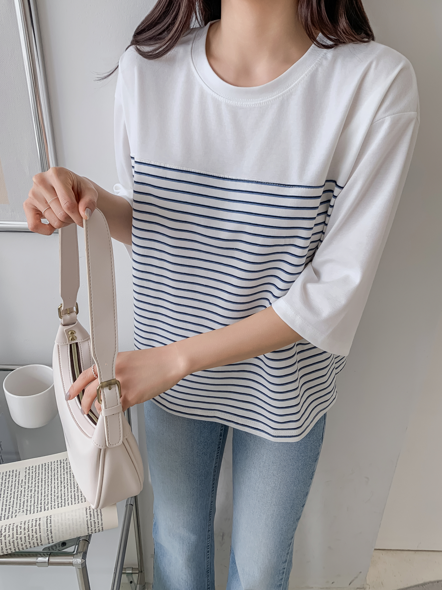 ラウンドネック7分袖ボーダーTシャツ | 詳細画像32