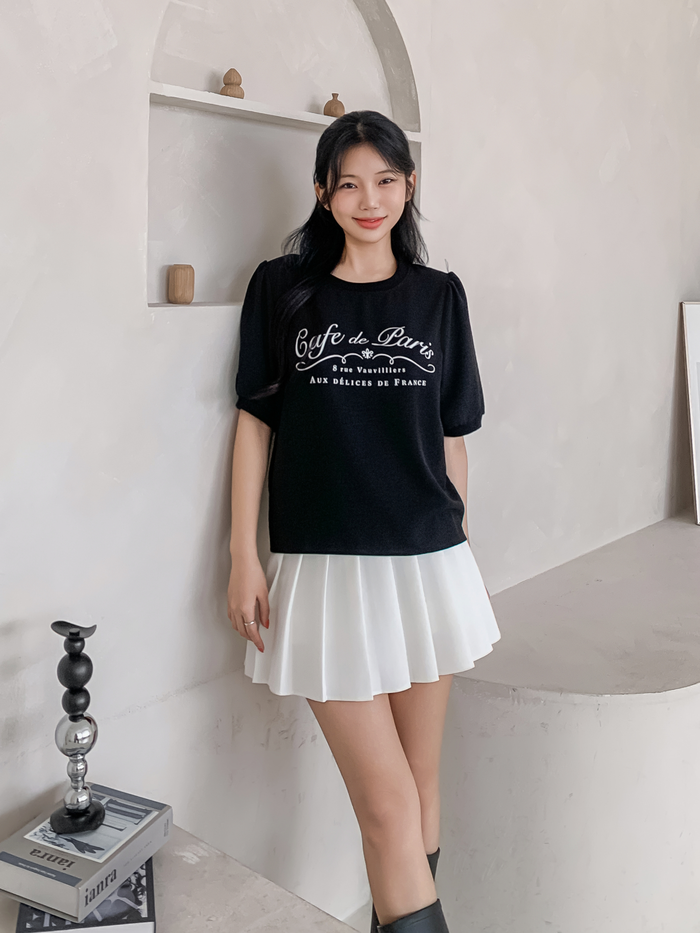 ラウンドネックパフスリーブルーズ半袖レタリングブラウス | 詳細画像5