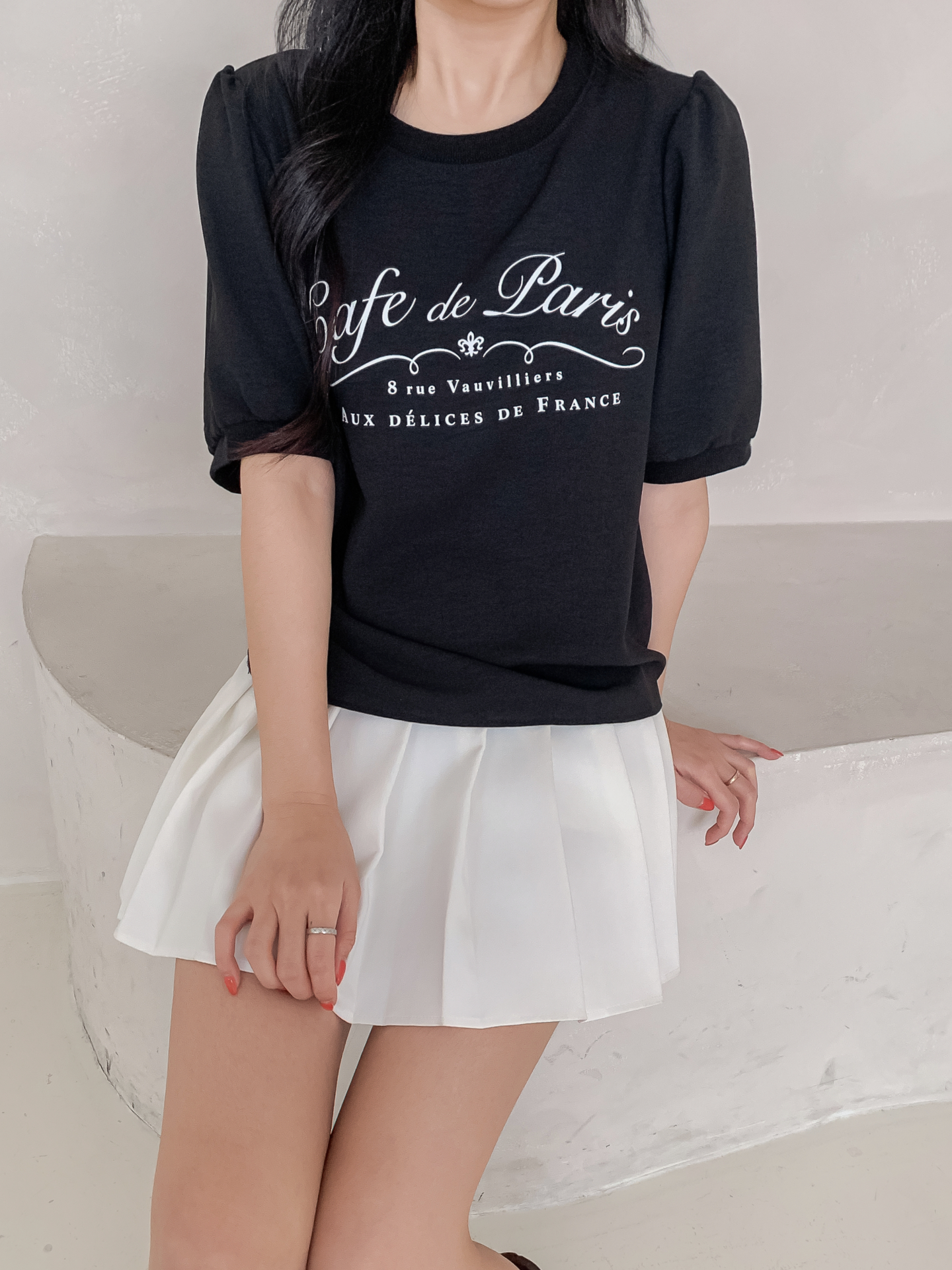 ラウンドネックパフスリーブルーズ半袖レタリングブラウス | 詳細画像12