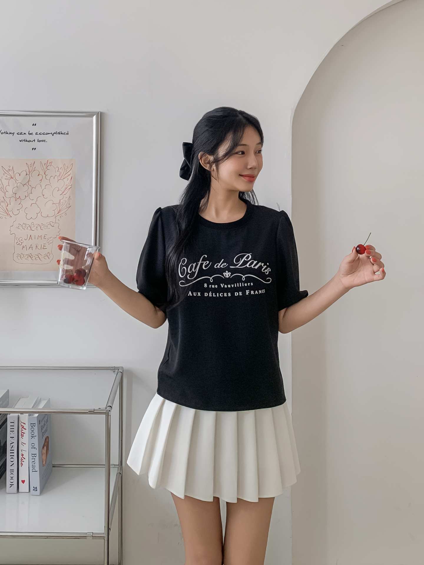 ラウンドネックパフスリーブルーズ半袖レタリングブラウス | 詳細画像15