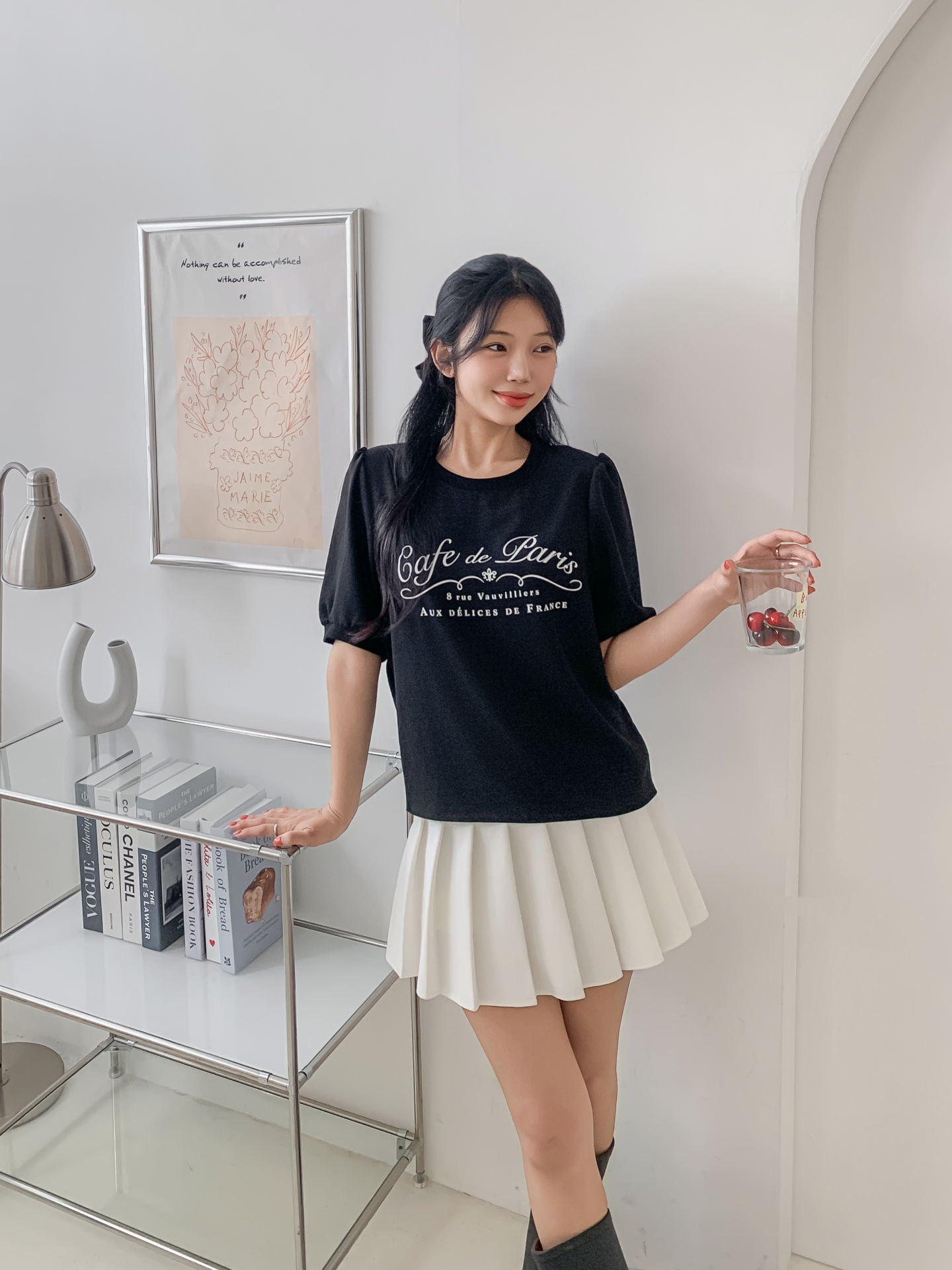 ラウンドネックパフスリーブルーズ半袖レタリングブラウス | 詳細画像9