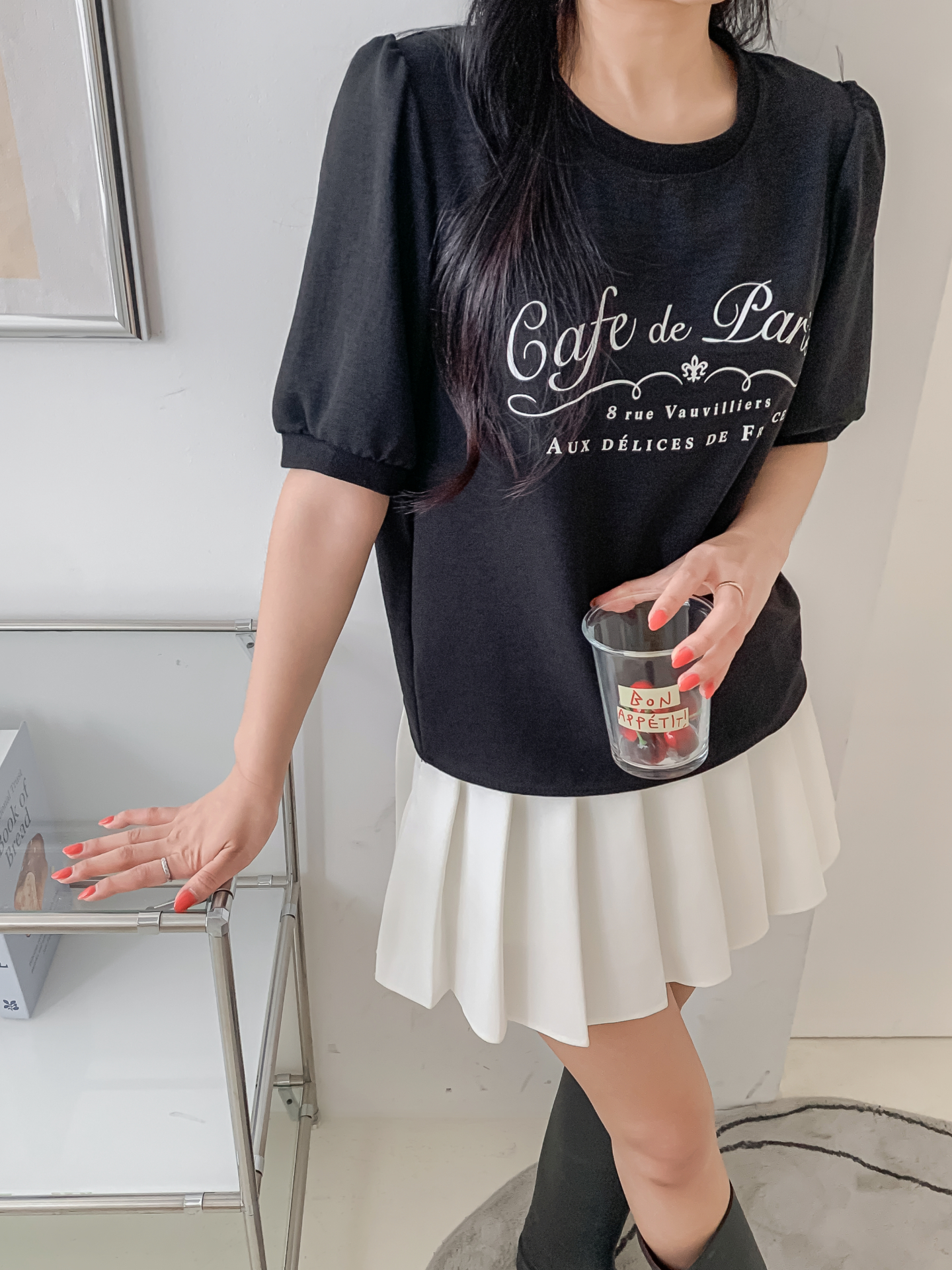 ラウンドネックパフスリーブルーズ半袖レタリングブラウス | 詳細画像16