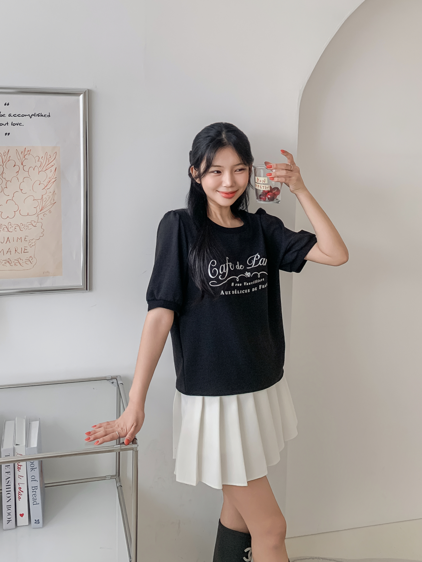 ラウンドネックパフスリーブルーズ半袖レタリングブラウス | 詳細画像10