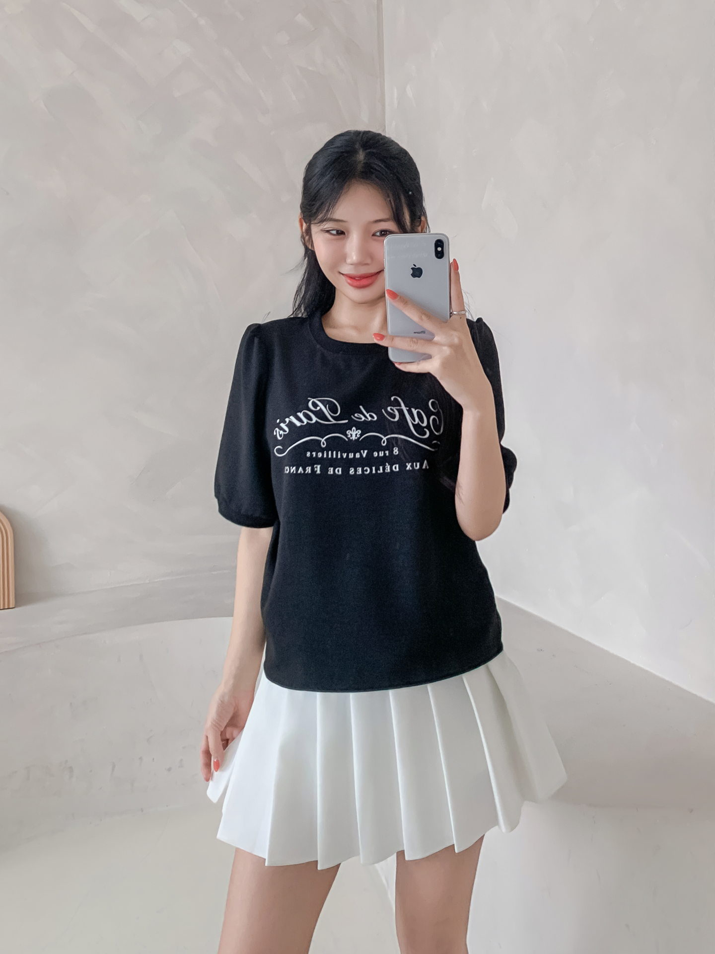 ラウンドネックパフスリーブルーズ半袖レタリングブラウス | 詳細画像11