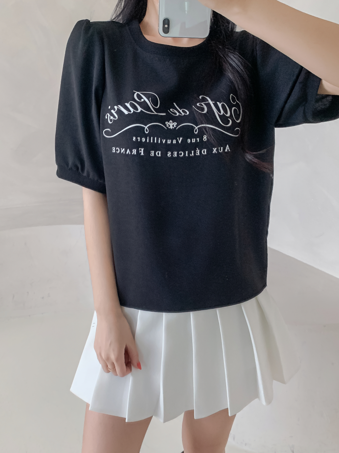 ラウンドネックパフスリーブルーズ半袖レタリングブラウス | 詳細画像17