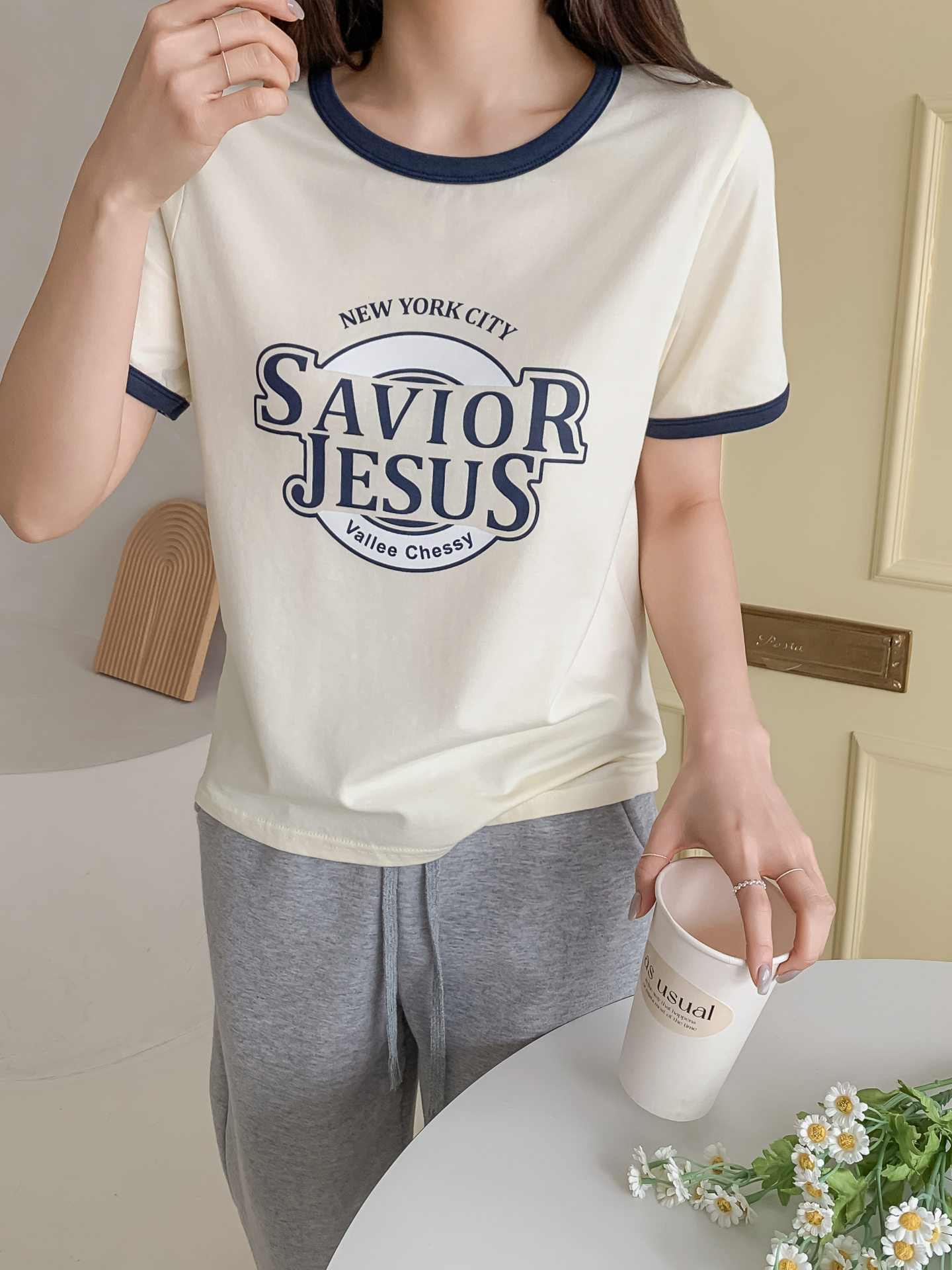 ラウンドネックルーズ半袖プリント配色ラインTシャツ | 詳細画像2