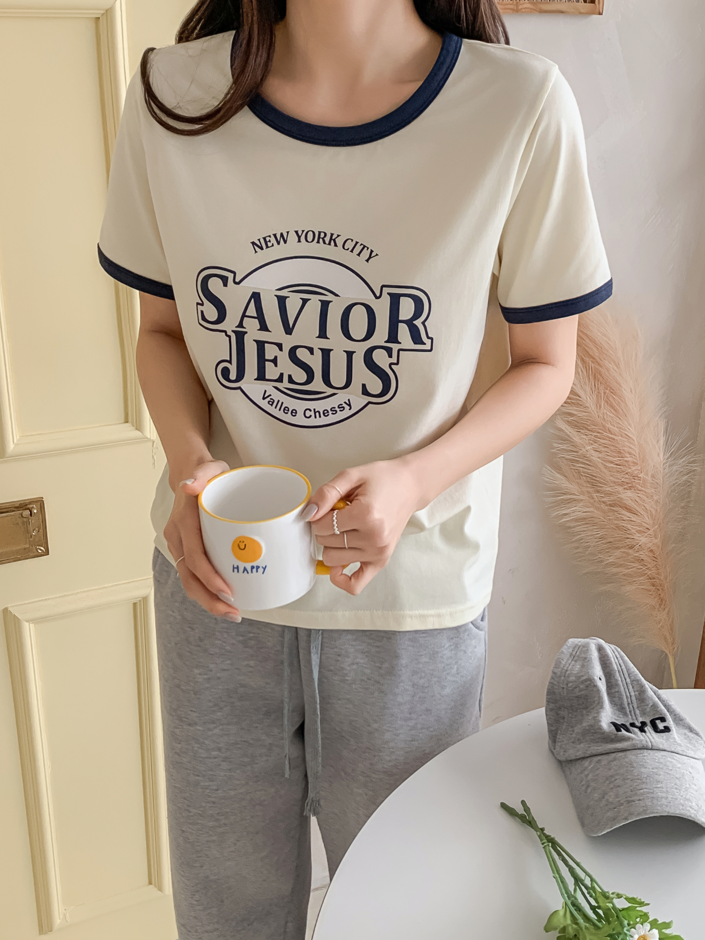 ラウンドネックルーズ半袖プリント配色ラインTシャツ | 詳細画像8