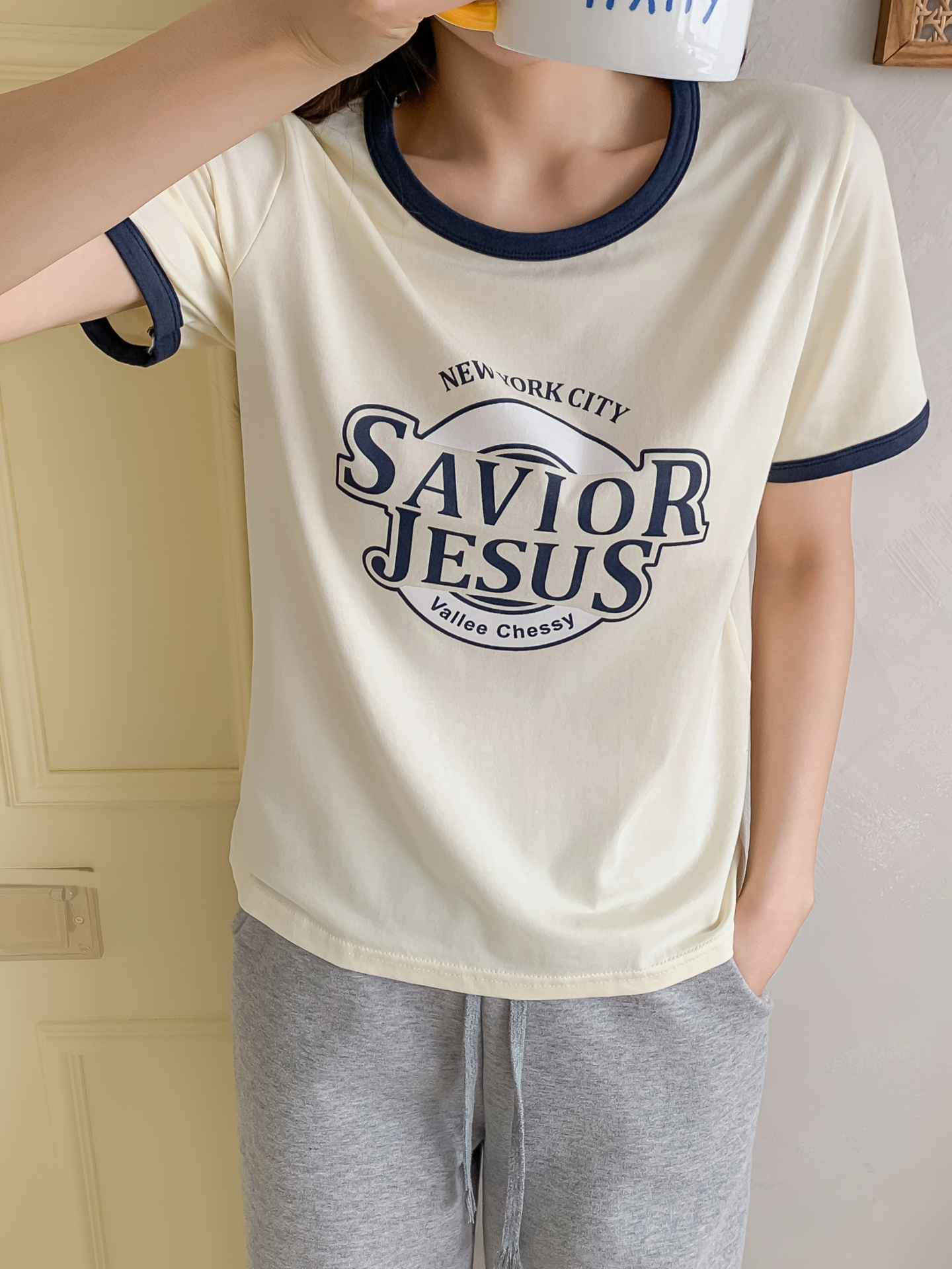 ラウンドネックルーズ半袖プリント配色ラインTシャツ | 詳細画像11