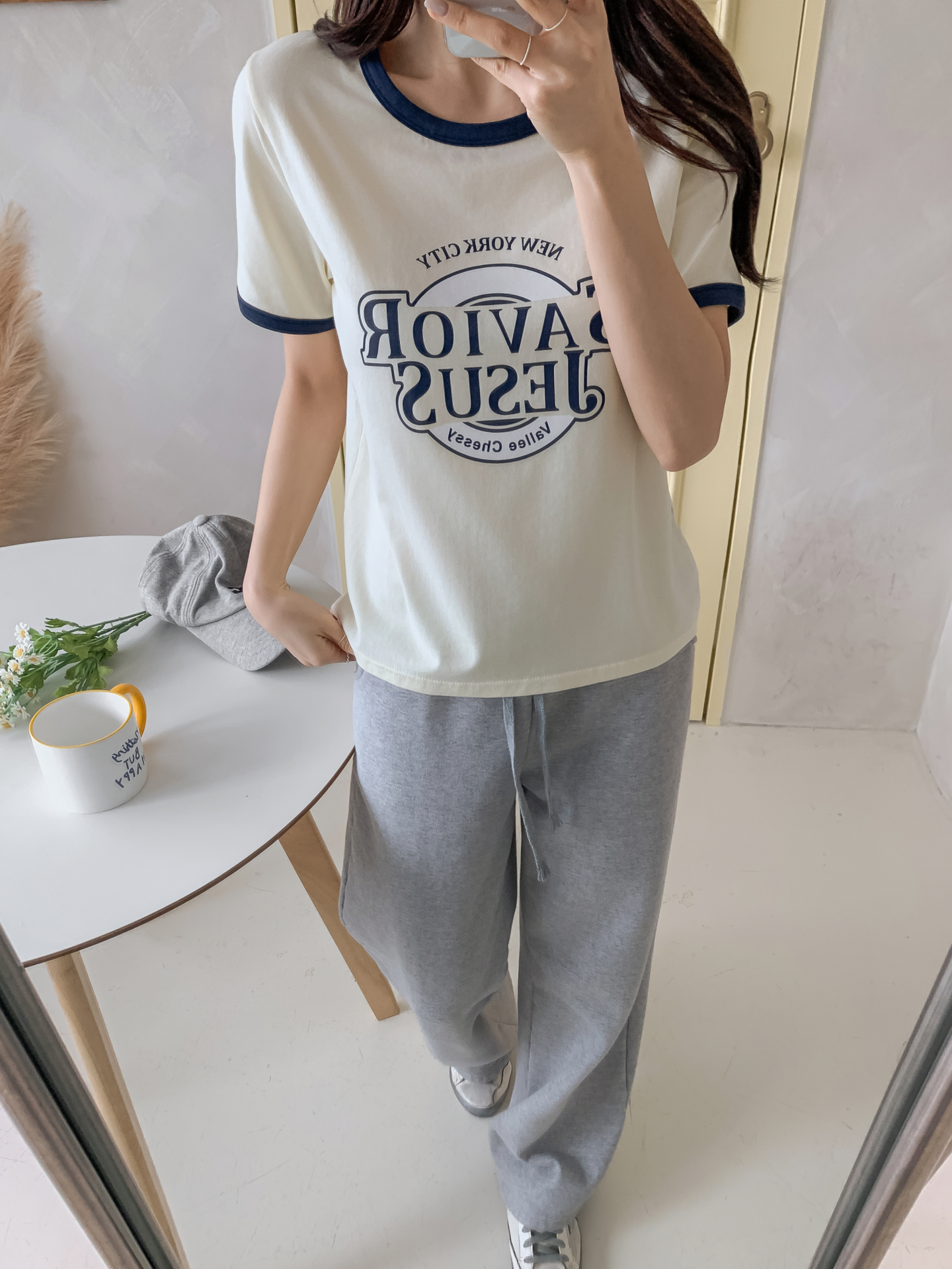 ラウンドネックルーズ半袖プリント配色ラインTシャツ | 詳細画像15