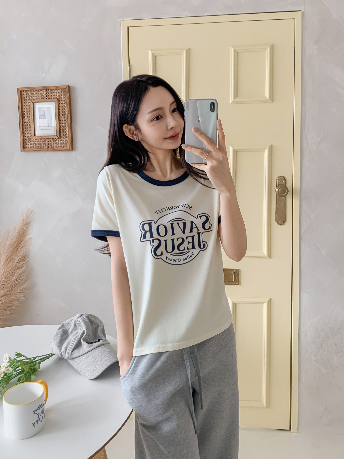 ラウンドネックルーズ半袖プリント配色ラインTシャツ | 詳細画像16