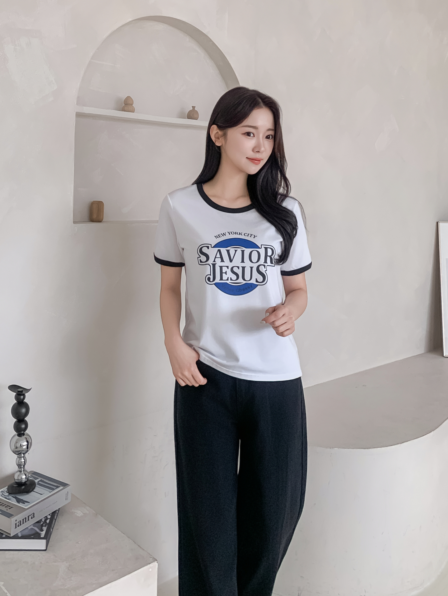 ラウンドネックルーズ半袖プリント配色ラインTシャツ | 詳細画像17