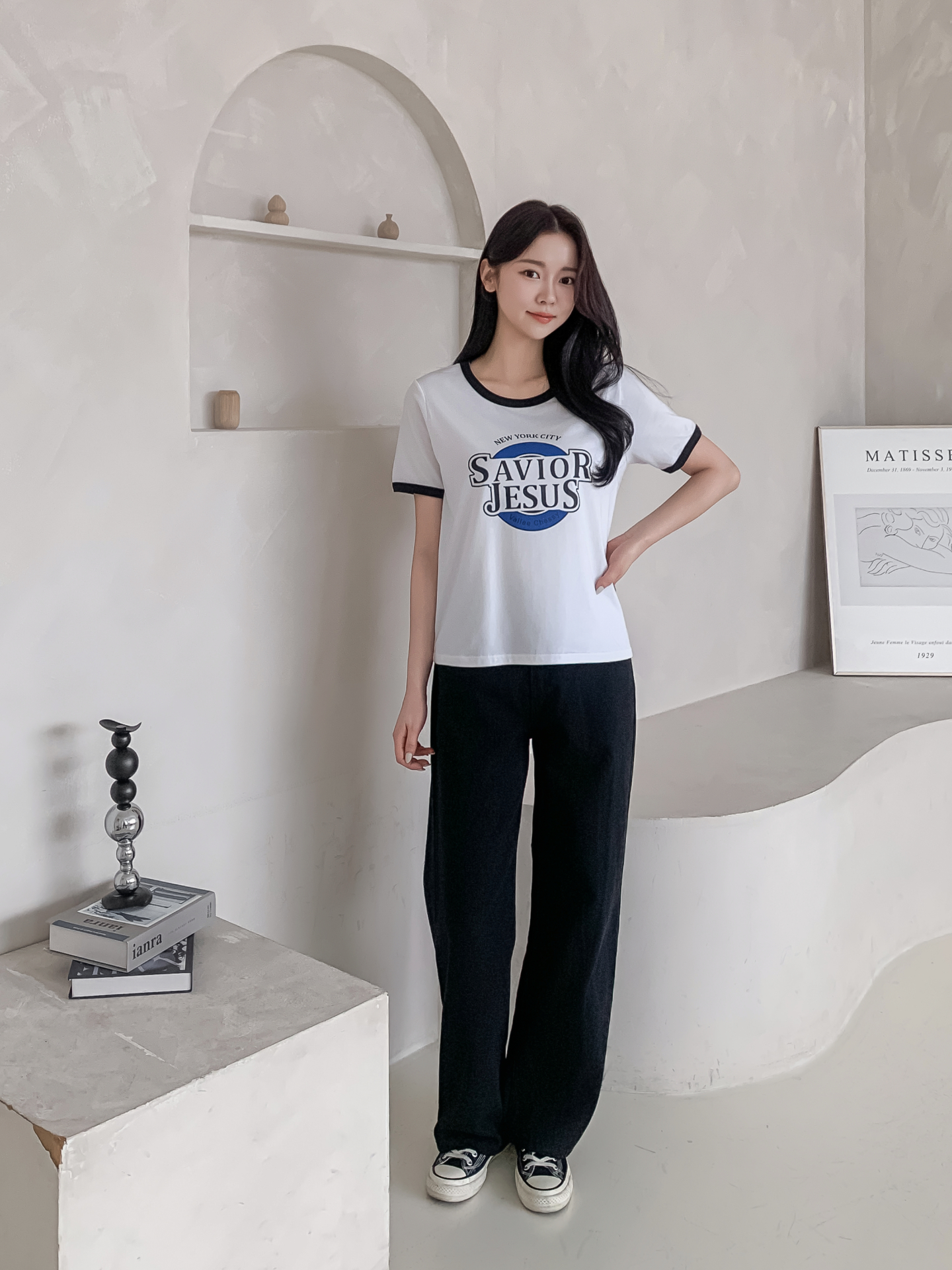 ラウンドネックルーズ半袖プリント配色ラインTシャツ | 詳細画像18