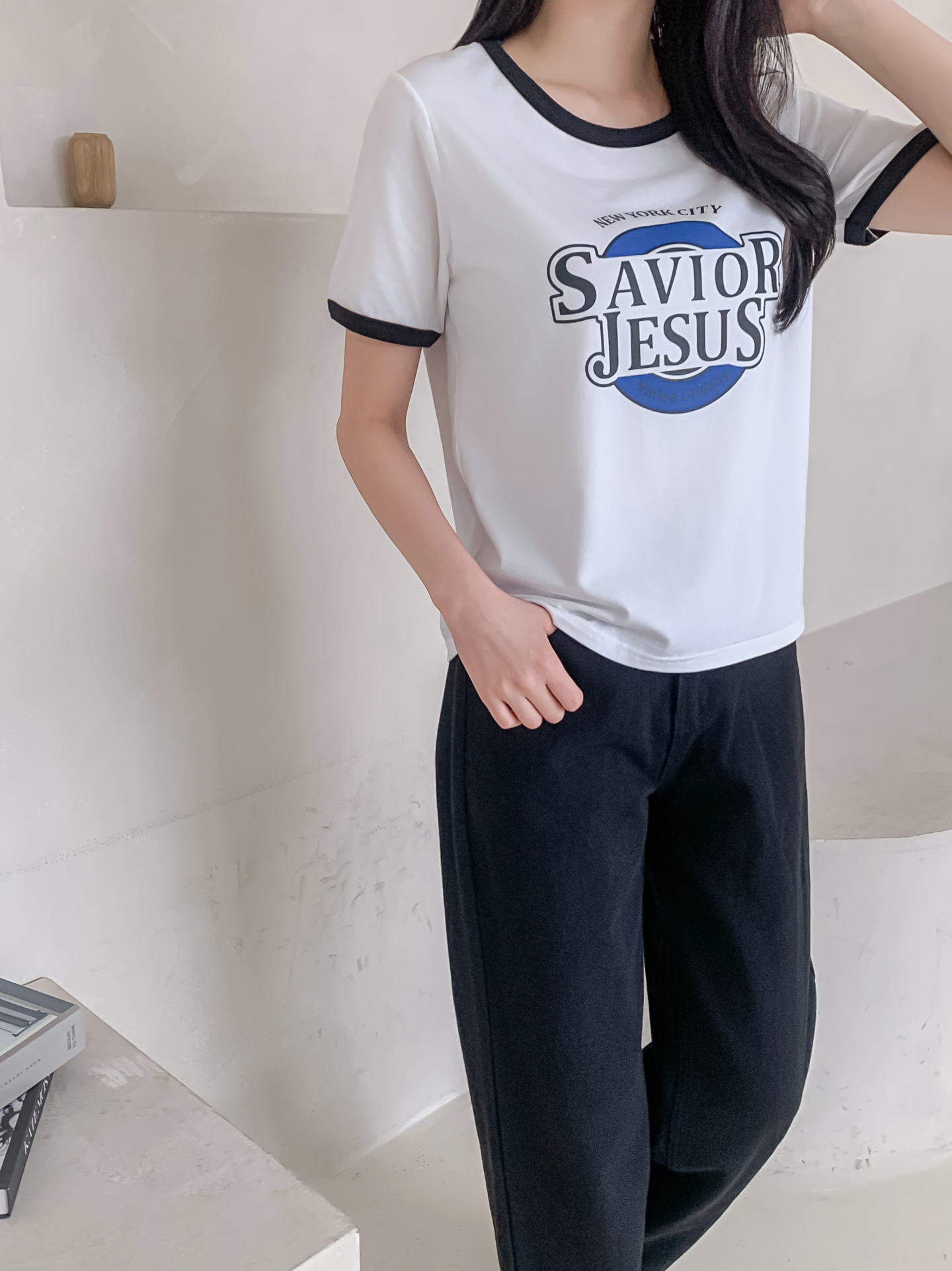 ラウンドネックルーズ半袖プリント配色ラインTシャツ | 詳細画像28