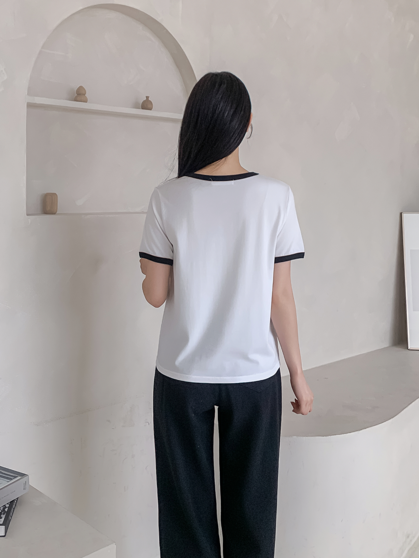 ラウンドネックルーズ半袖プリント配色ラインTシャツ | 詳細画像19