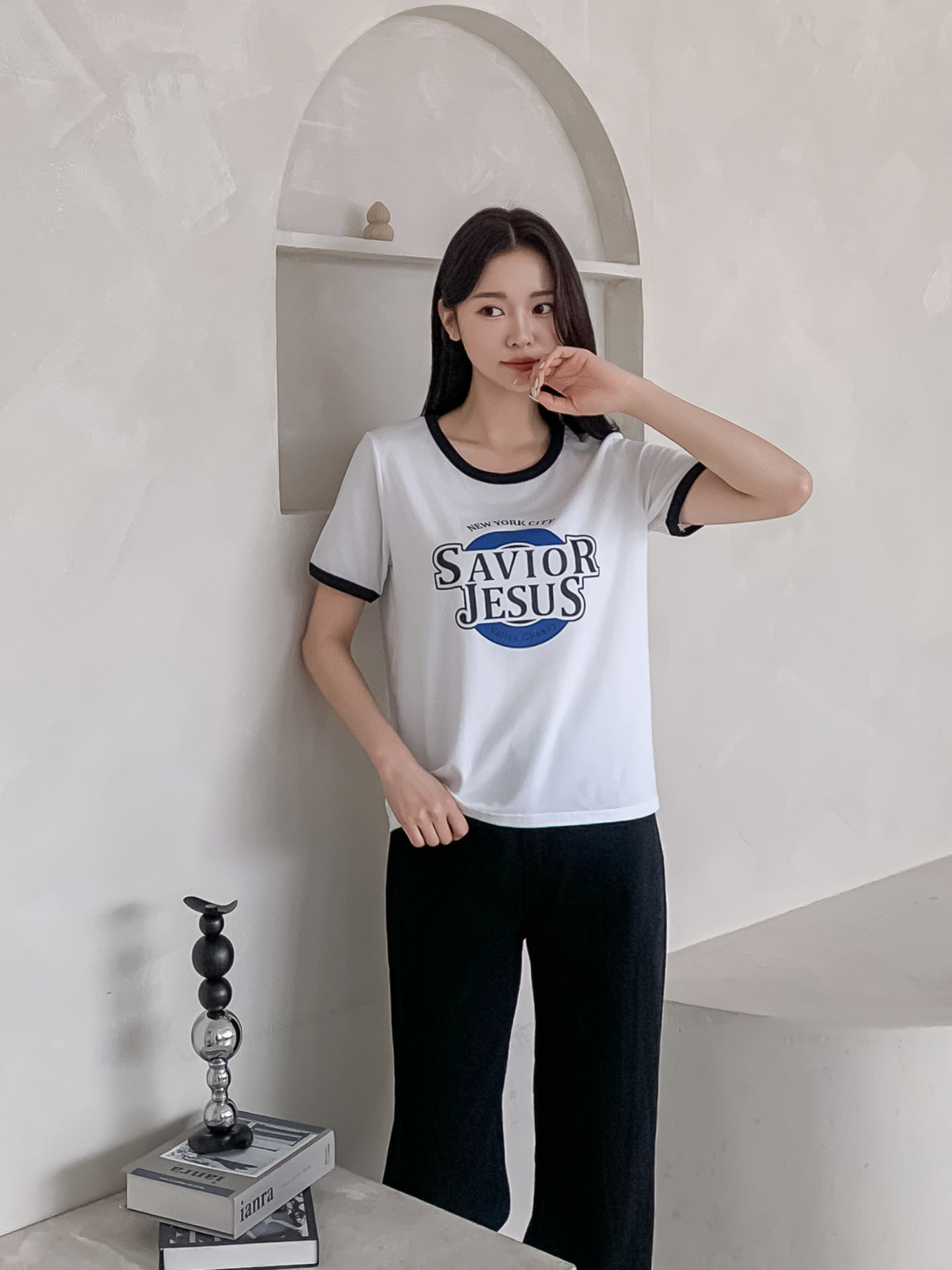 ラウンドネックルーズ半袖プリント配色ラインTシャツ | 詳細画像20